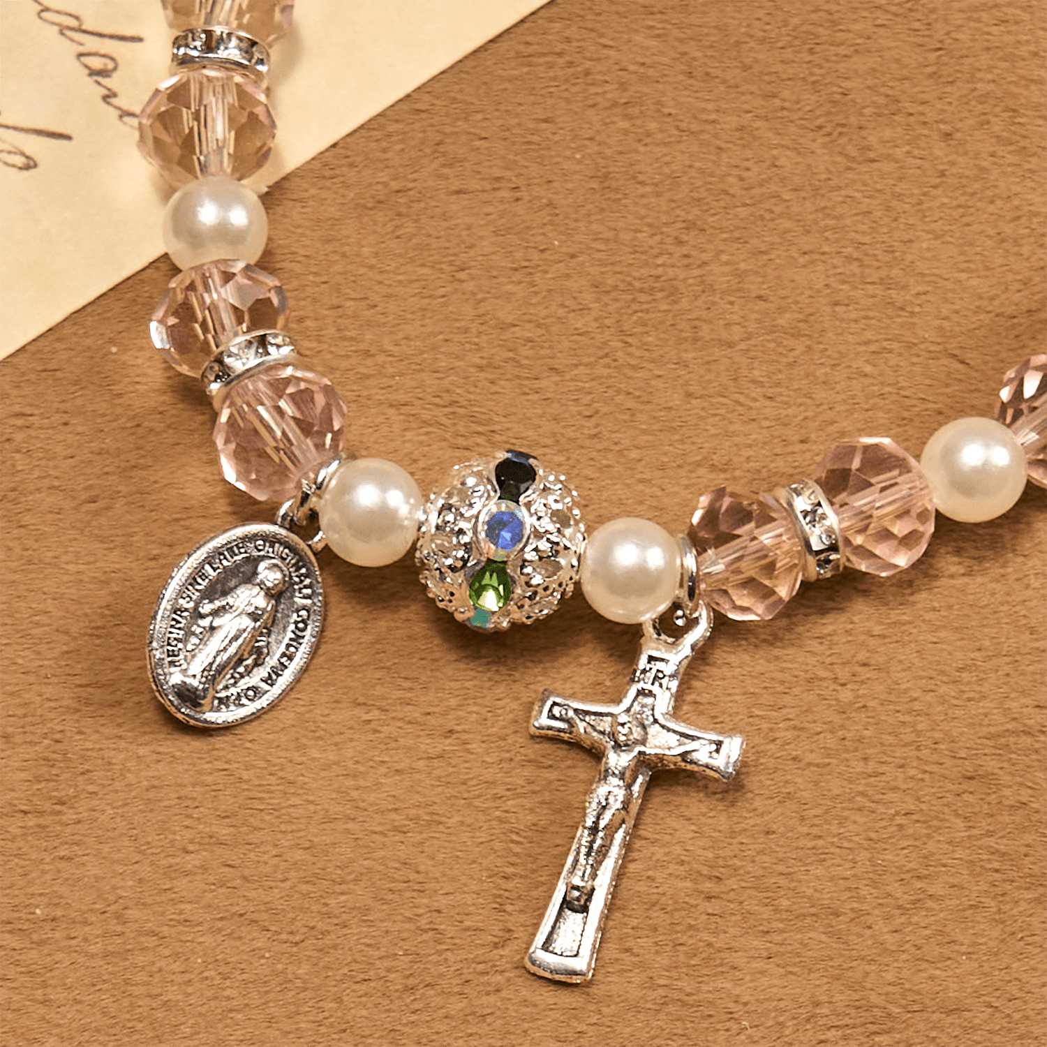 christiandiscipleshop Modern Clear Crystal Stretch Braceletwith Crucifix & Miraculous Medal: Contemporary Faith Statement