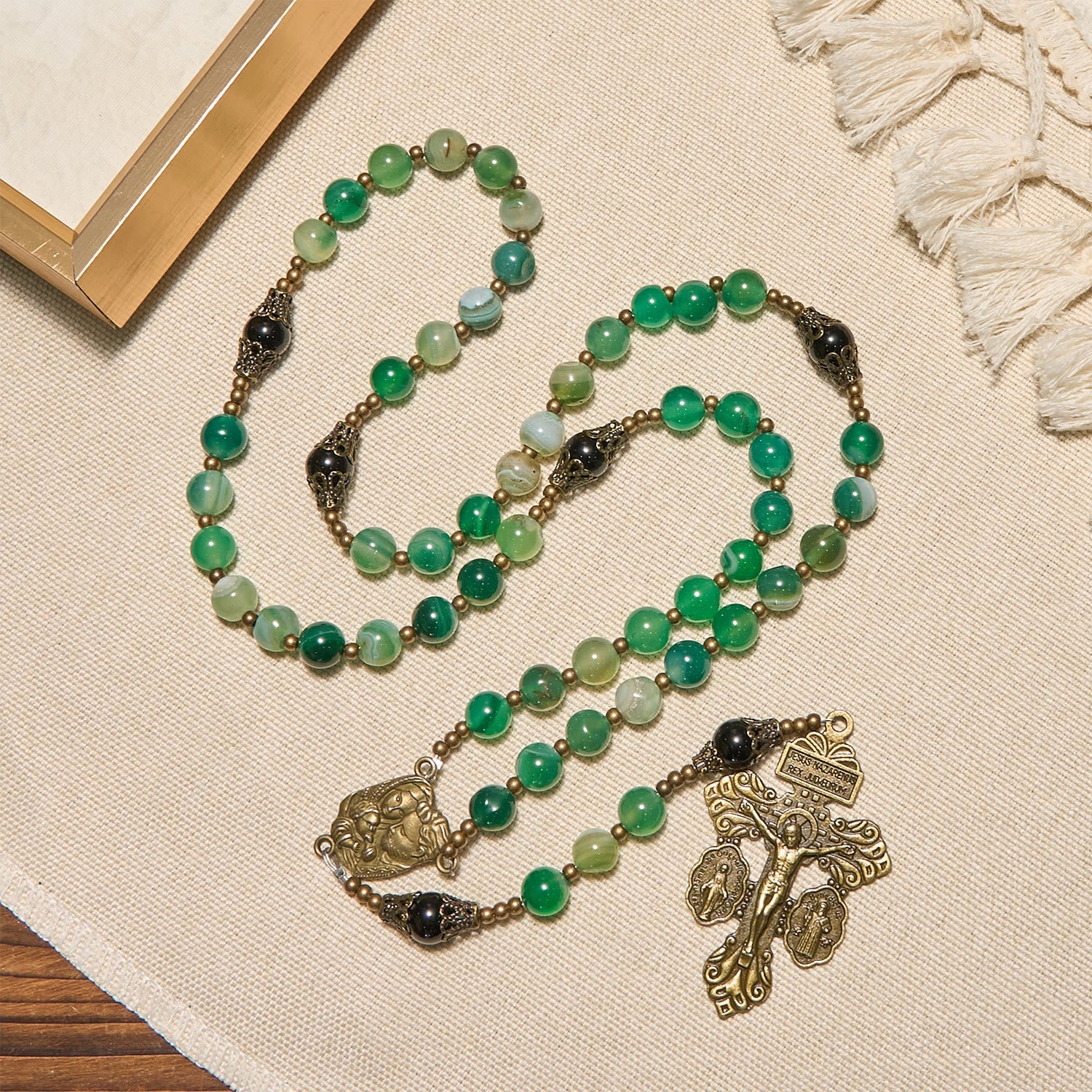 Christiandiscipleshop Exquisite Green Agate Rosary with Pardon Crucifix & Holy Family: Graceful Spiritual Narrative