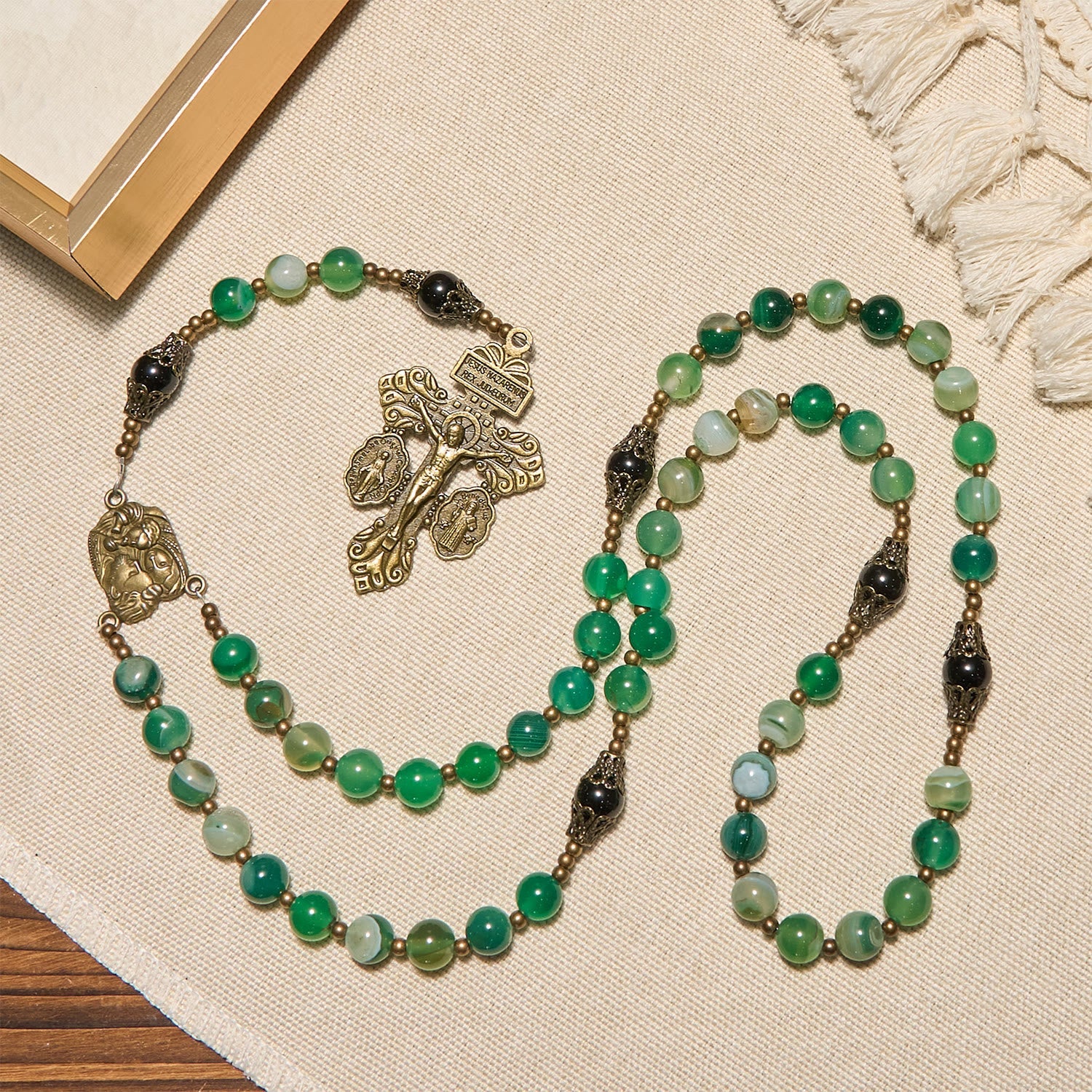 Christiandiscipleshop Exquisite Green Agate Rosary with Pardon Crucifix & Holy Family: Graceful Spiritual Narrative
