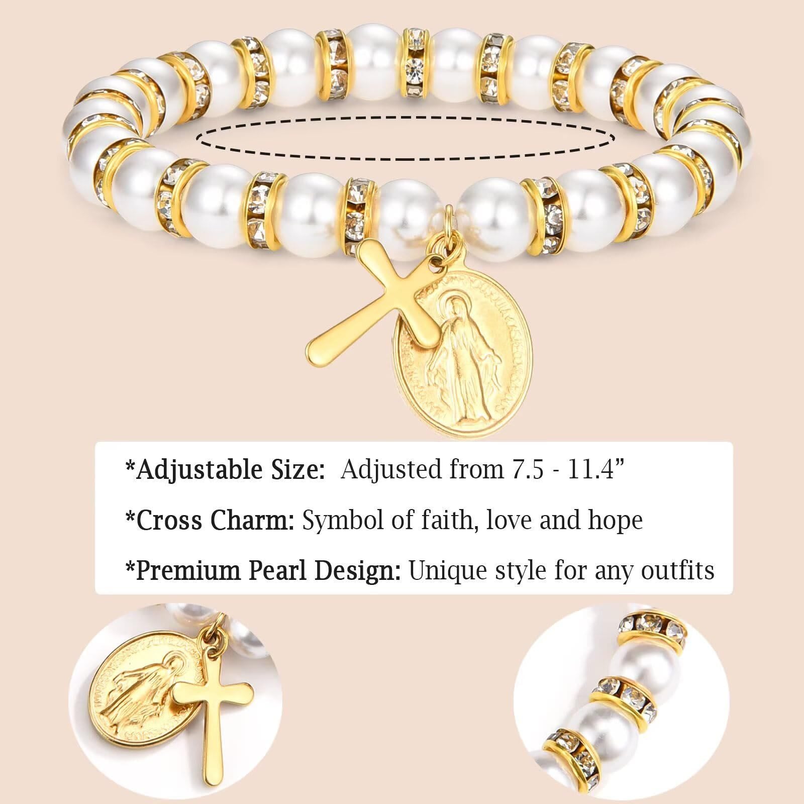 christiandiscipleshop Modern Pearl Bracelet with Golden Miraculous Medal & Blessing Card: Opulent Communion