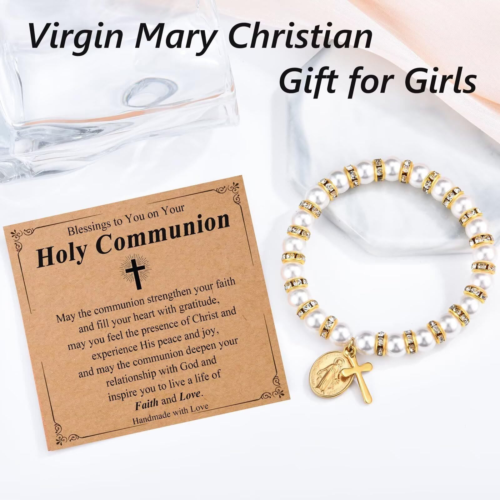 christiandiscipleshop Modern Pearl Bracelet with Golden Miraculous Medal & Blessing Card: Opulent Communion