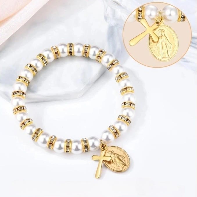 christiandiscipleshop Modern Pearl Bracelet with Golden Miraculous Medal & Blessing Card: Opulent Communion