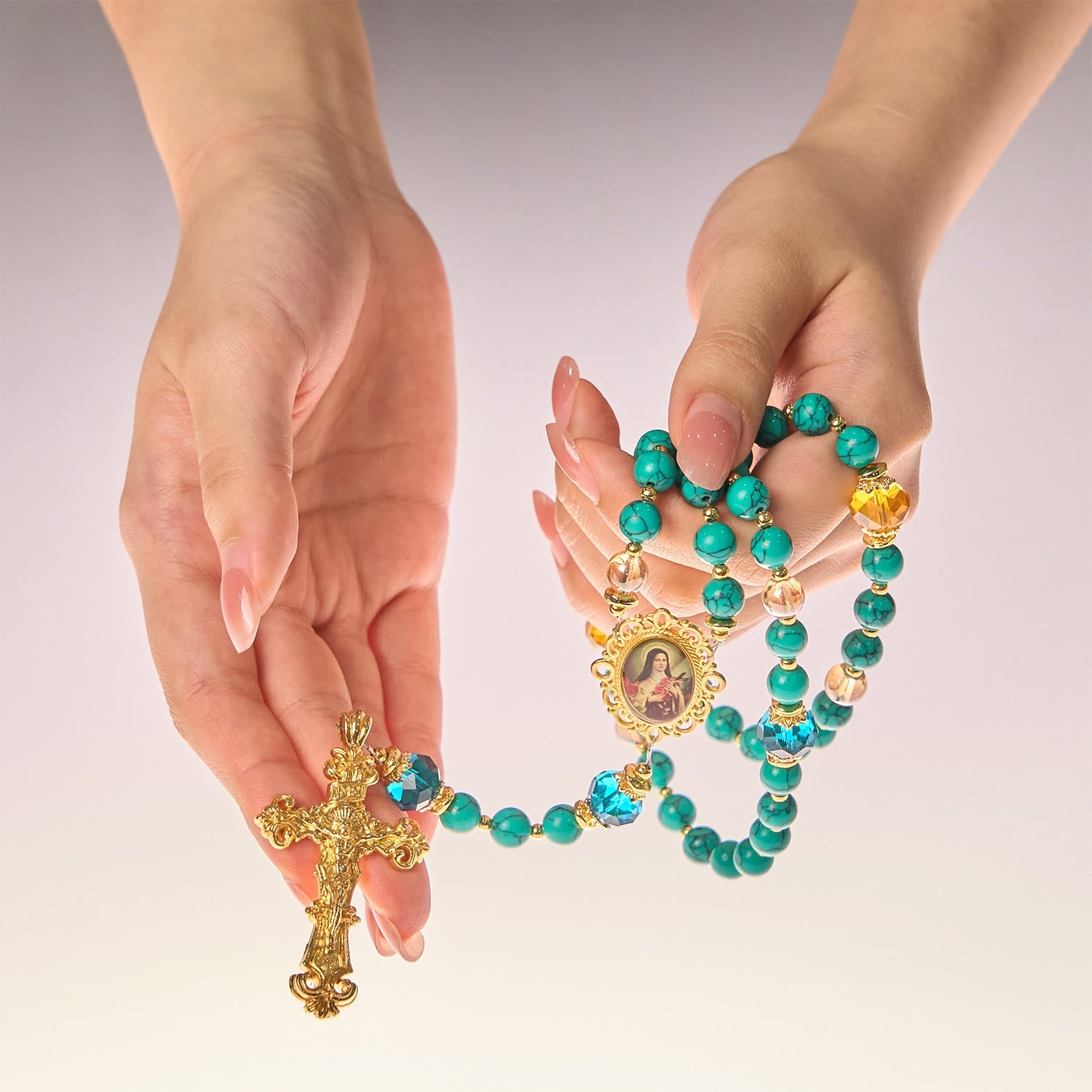 christiandiscipleshop Handcrafted Turquoise & Gold Alloy Rosary with Crucifix & St. Therese Medal: Graceful Spiritual Bond