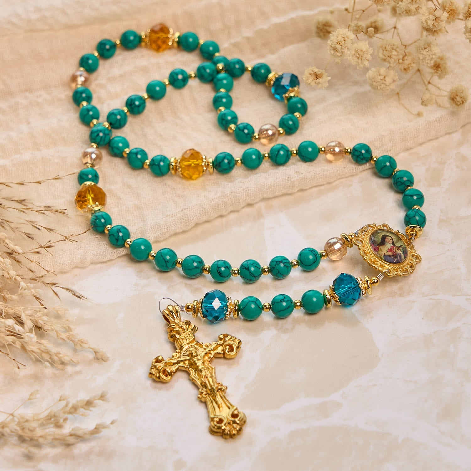 christiandiscipleshop Handcrafted Turquoise & Gold Alloy Rosary with Crucifix & St. Therese Medal: Graceful Spiritual Bond
