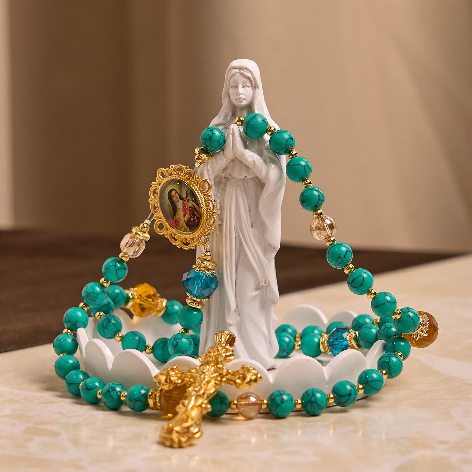 christiandiscipleshop Handcrafted Turquoise & Gold Alloy Rosary with Crucifix & St. Therese Medal: Graceful Spiritual Bond