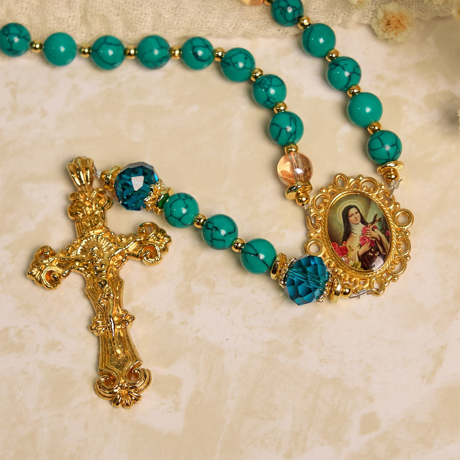 christiandiscipleshop Handcrafted Turquoise & Gold Alloy Rosary with Crucifix & St. Therese Medal: Graceful Spiritual Bond