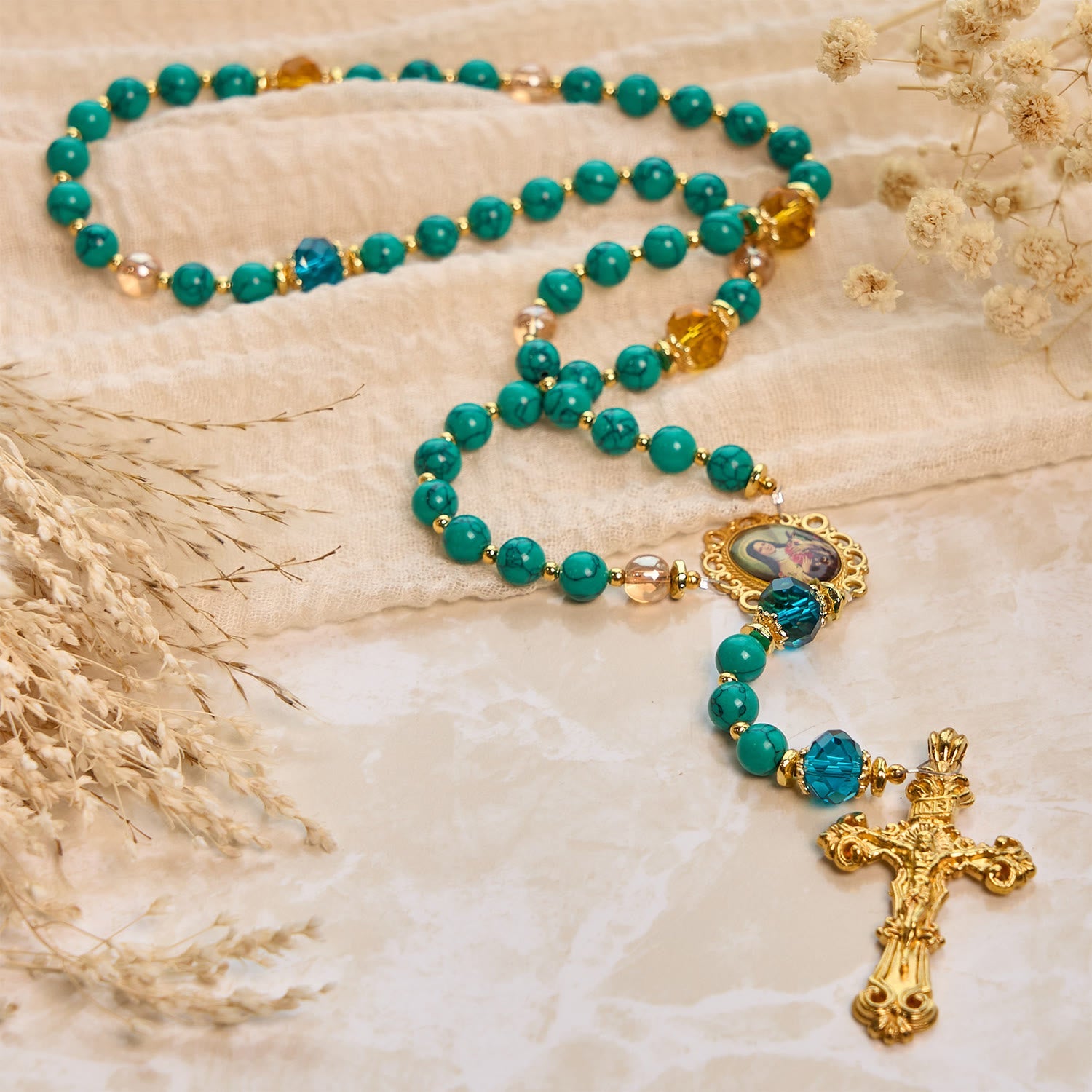 christiandiscipleshop Handcrafted Turquoise & Gold Alloy Rosary with Crucifix & St. Therese Medal: Graceful Spiritual Bond