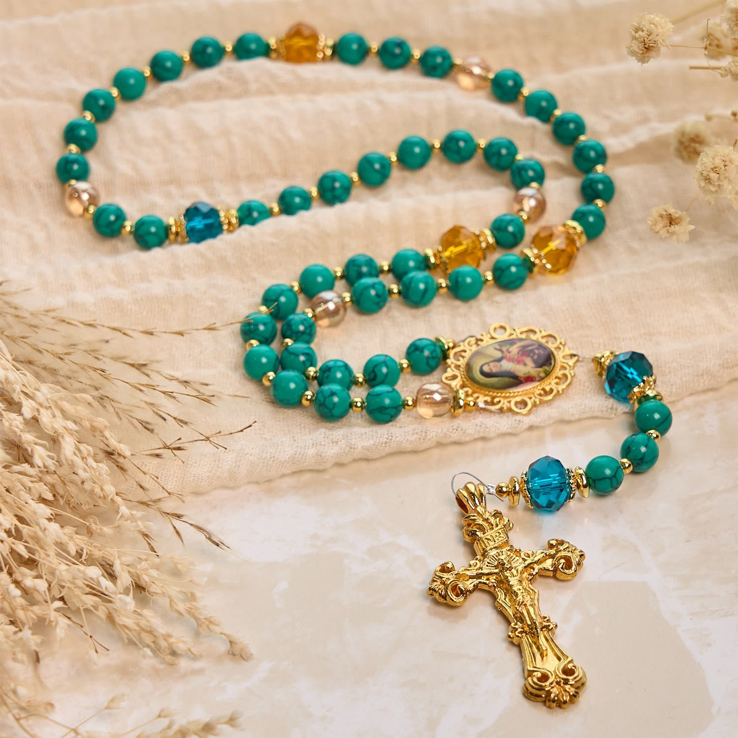 christiandiscipleshop Handcrafted Turquoise & Gold Alloy Rosary with Crucifix & St. Therese Medal: Graceful Spiritual Bond