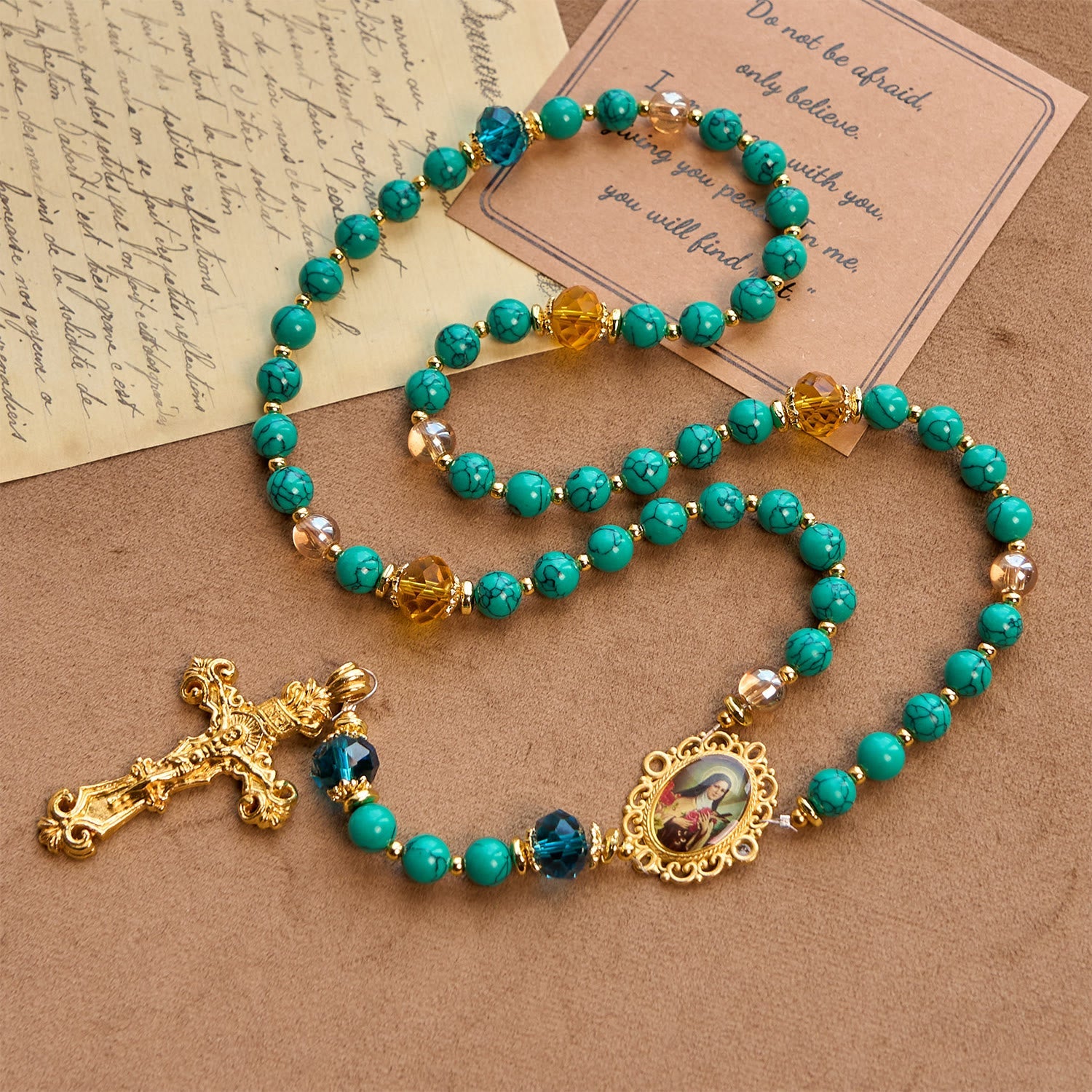 christiandiscipleshop Handcrafted Turquoise & Gold Alloy Rosary with Crucifix & St. Therese Medal: Graceful Spiritual Bond