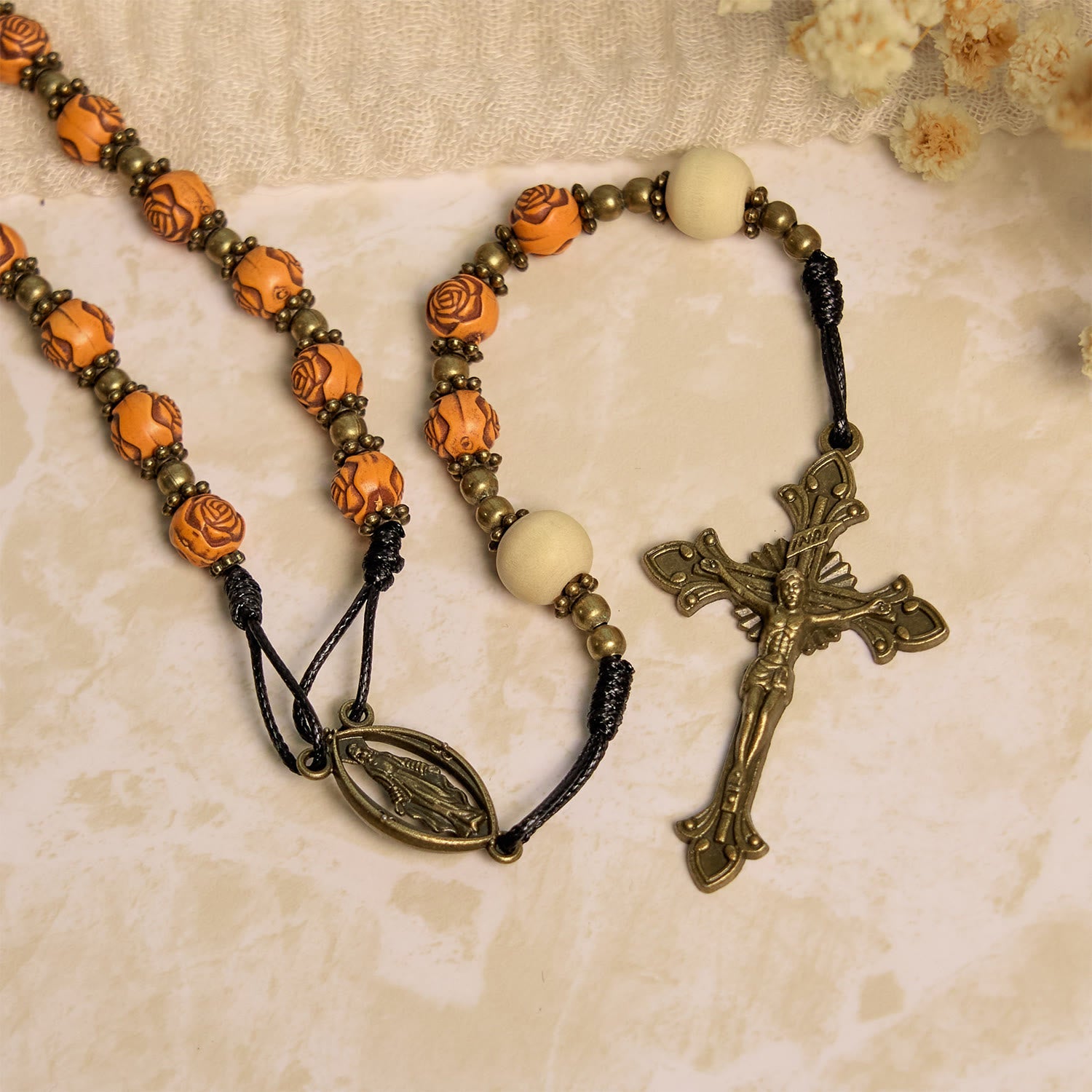 Christiandiscipleshop Exquisite Wooden Rose Beads with Bronze Crucifix & Miraculous Medal Rosary