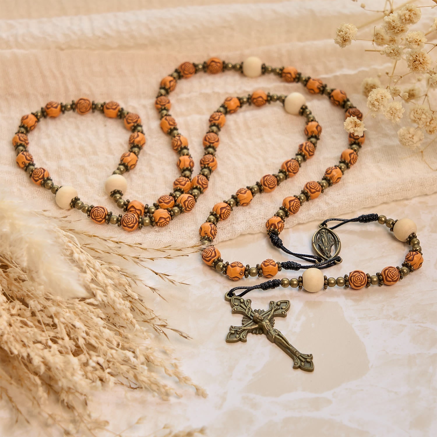 Christiandiscipleshop Exquisite Wooden Rose Beads with Bronze Crucifix & Miraculous Medal Rosary