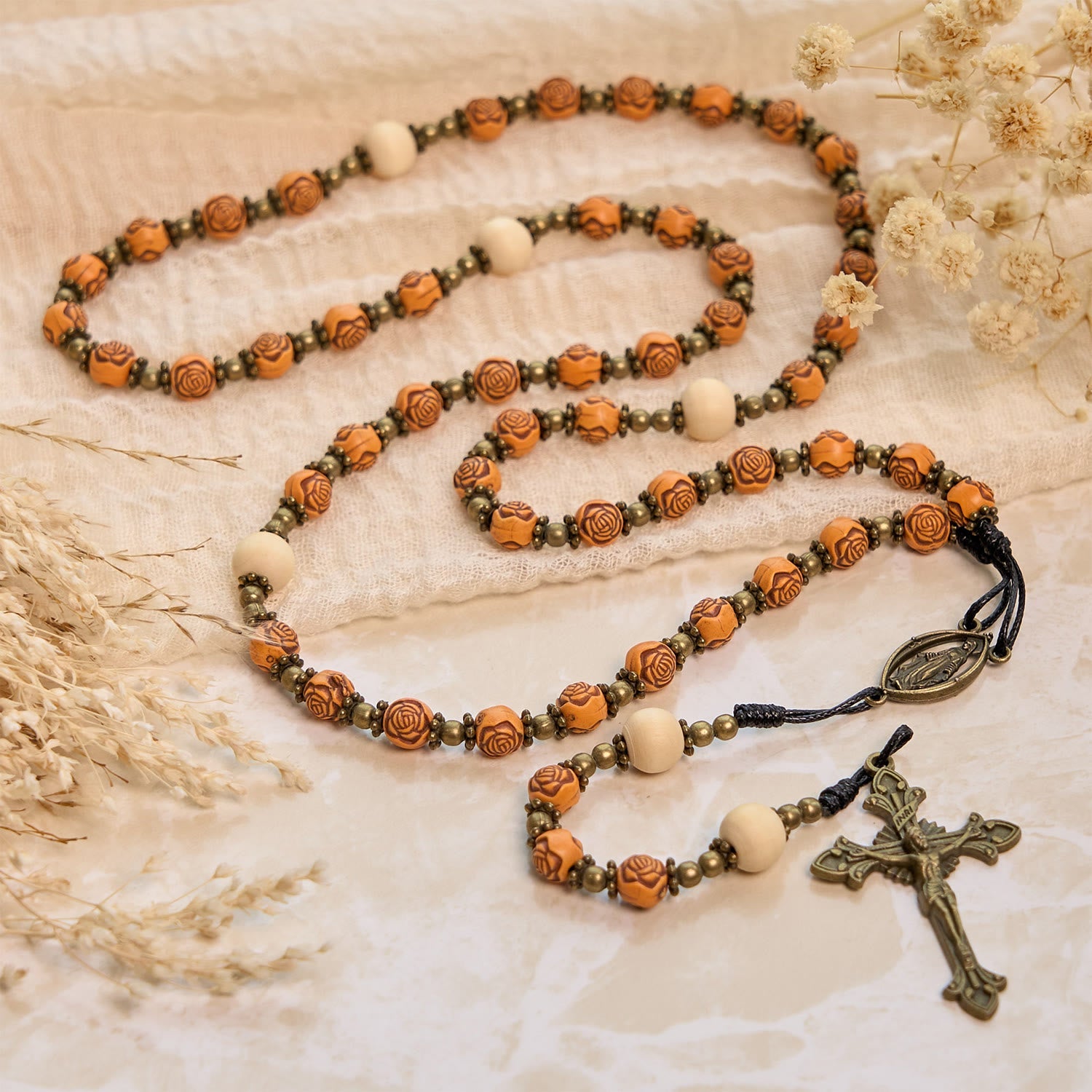 Christiandiscipleshop Exquisite Wooden Rose Beads with Bronze Crucifix & Miraculous Medal Rosary