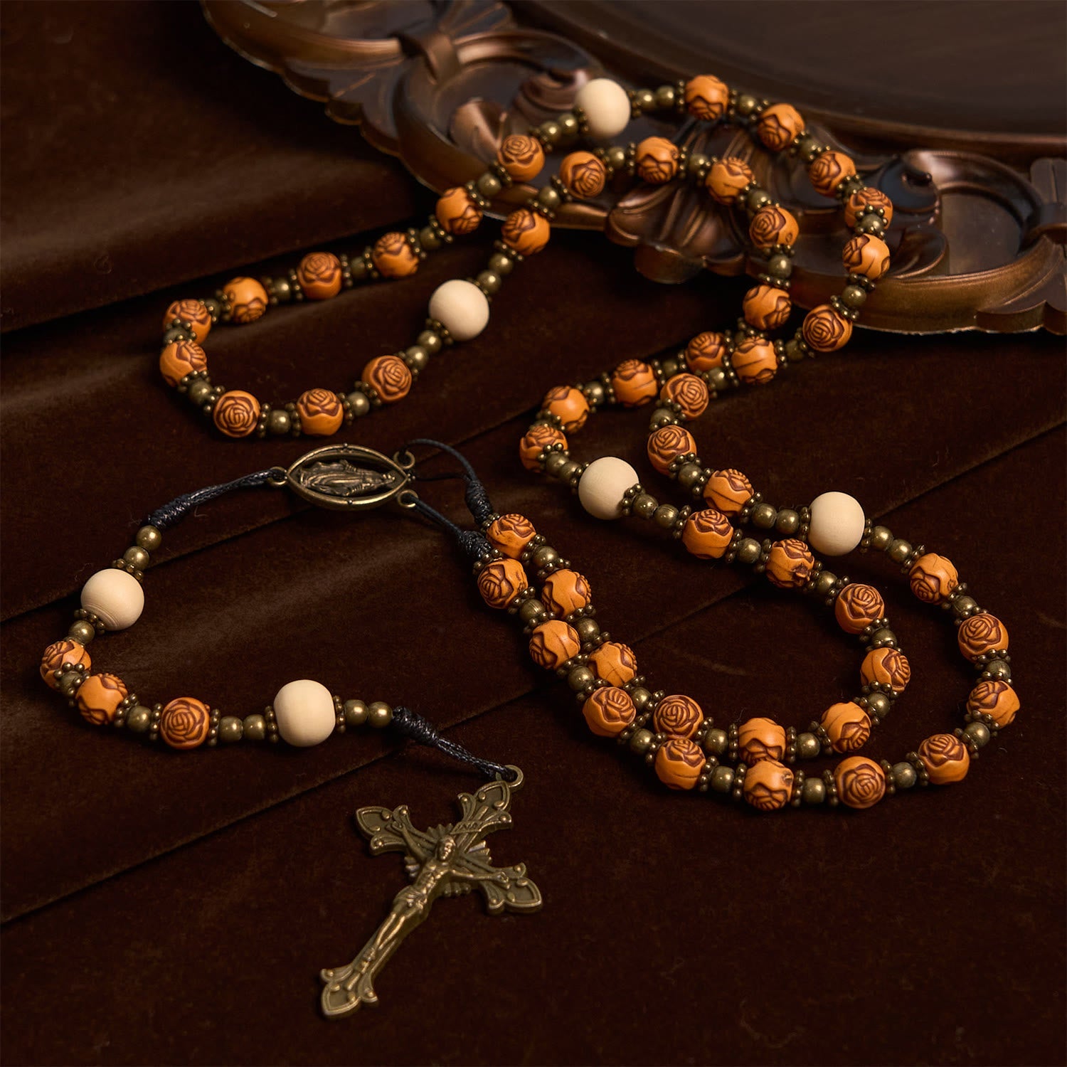 Christiandiscipleshop Exquisite Wooden Rose Beads with Bronze Crucifix & Miraculous Medal Rosary