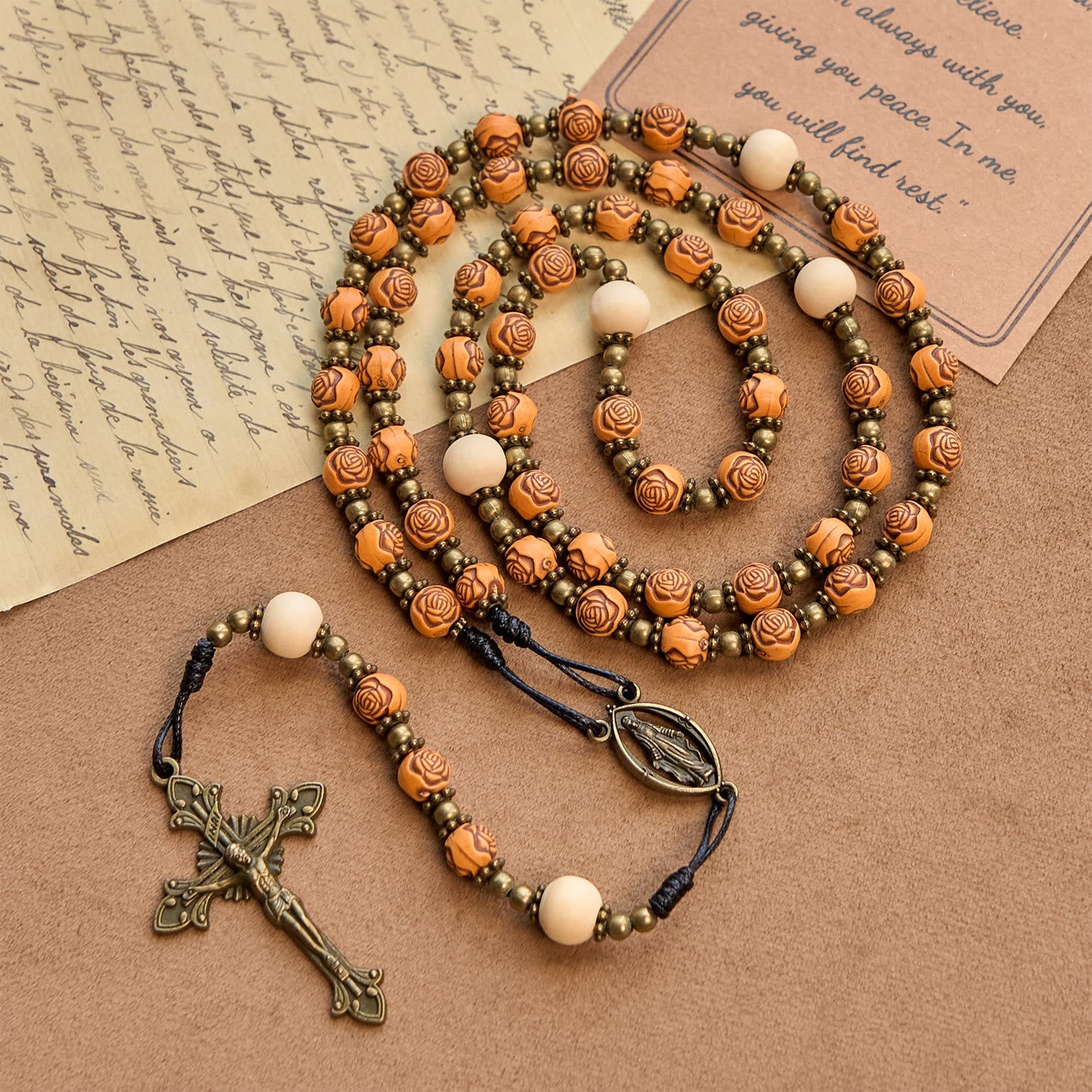 Christiandiscipleshop Exquisite Wooden Rose Beads with Bronze Crucifix & Miraculous Medal Rosary