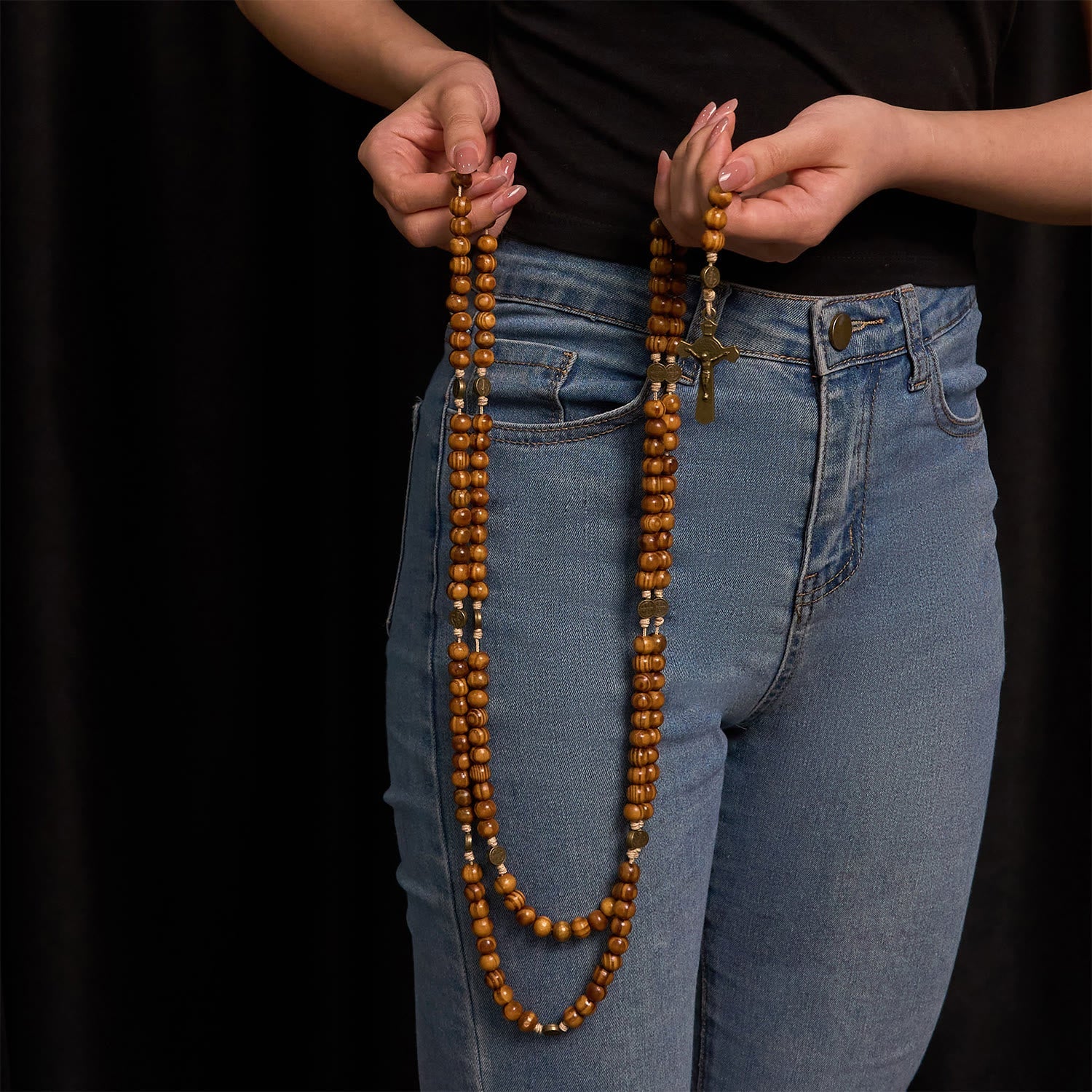 Christianartworkshop 15 Decade Olive Wood Rosary with St. Benedict, Crucifix & Waist Chain Design—Divine Devotion in Dual Use