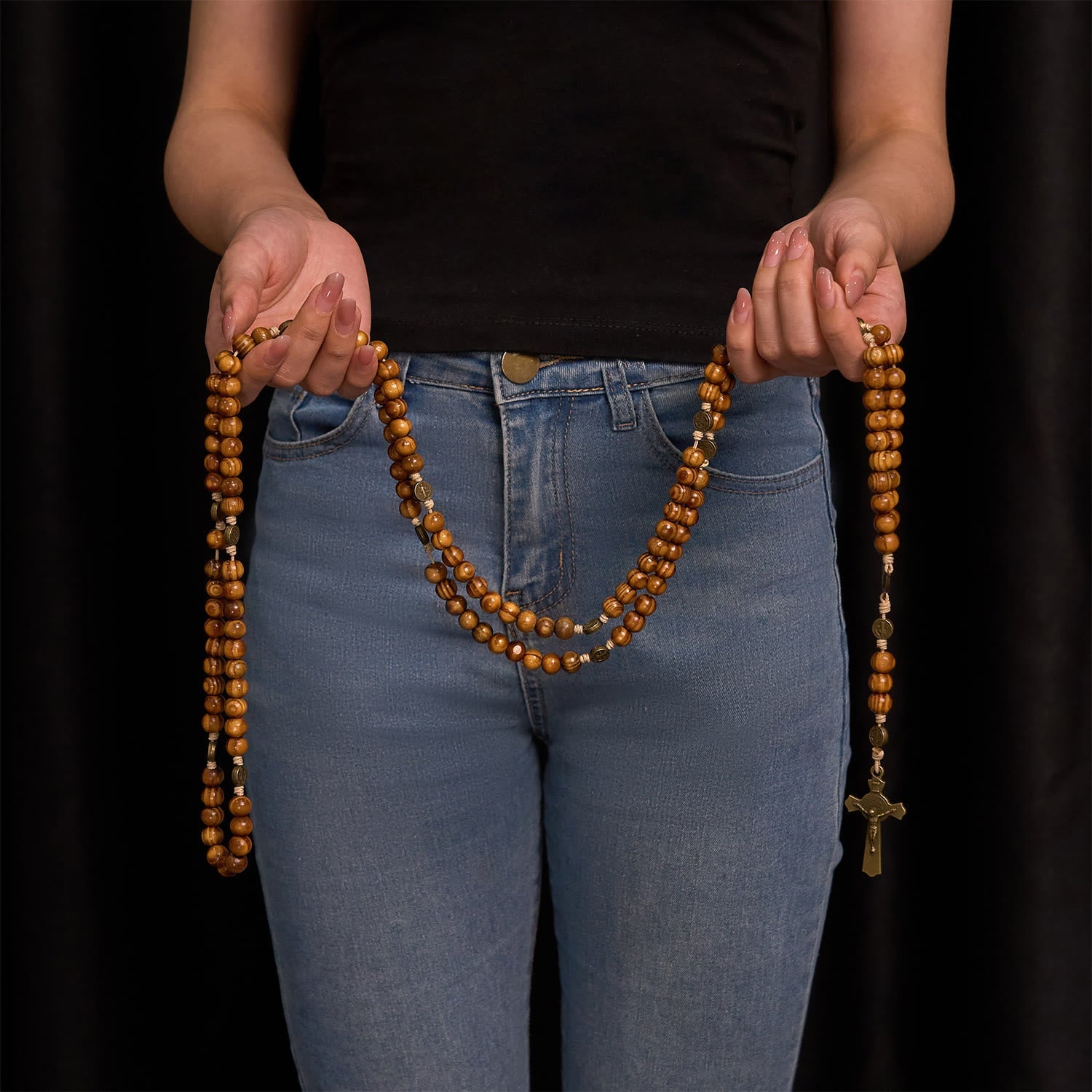 Christianartworkshop 15 Decade Olive Wood Rosary with St. Benedict, Crucifix & Waist Chain Design—Divine Devotion in Dual Use