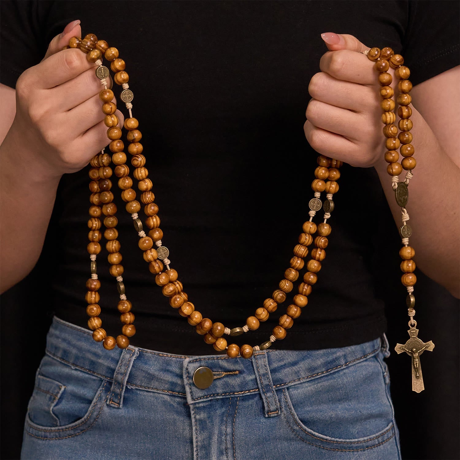 Christianartworkshop 15 Decade Olive Wood Rosary with St. Benedict, Crucifix & Waist Chain Design—Divine Devotion in Dual Use