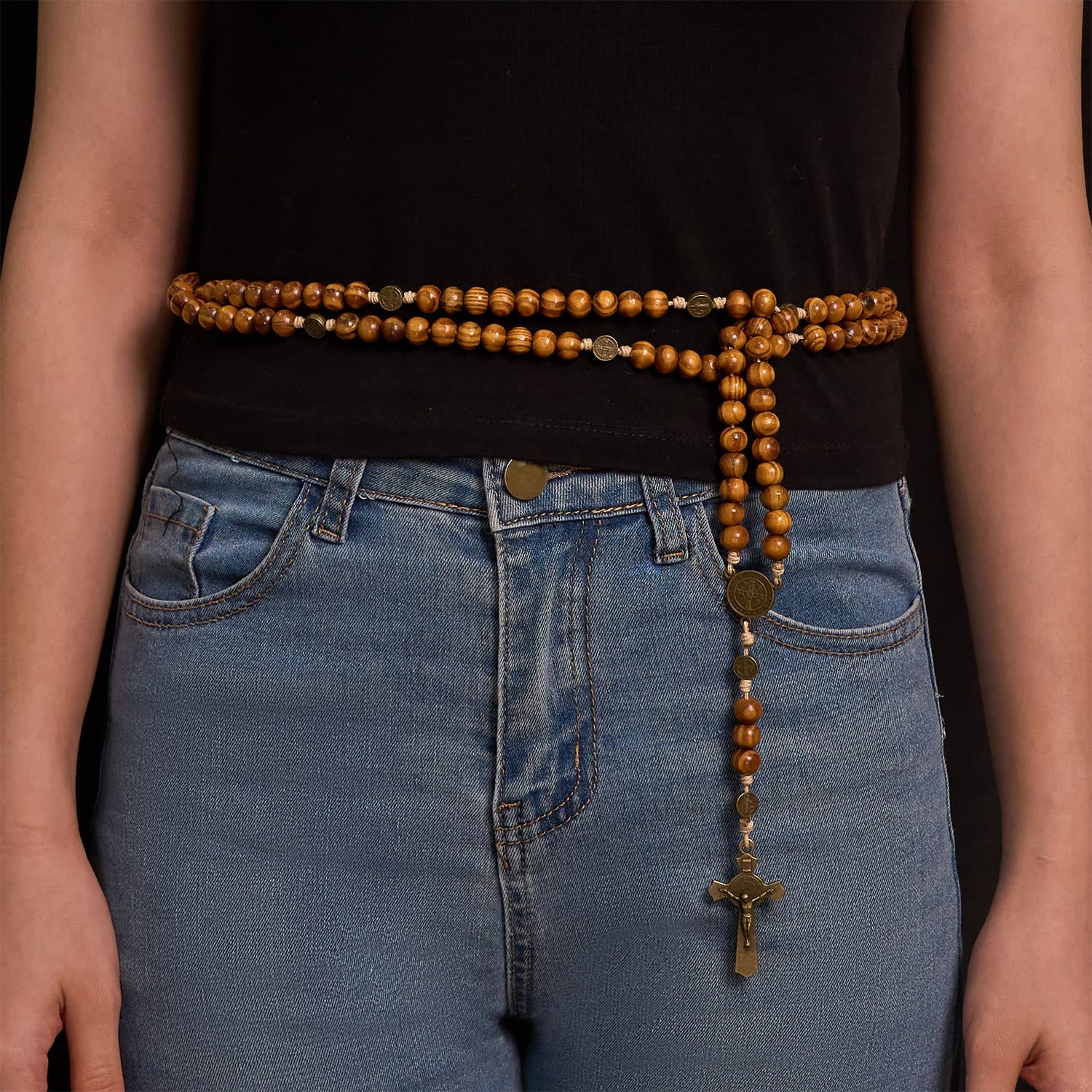 Christianartworkshop 15 Decade Olive Wood Rosary with St. Benedict, Crucifix & Waist Chain Design—Divine Devotion in Dual Use