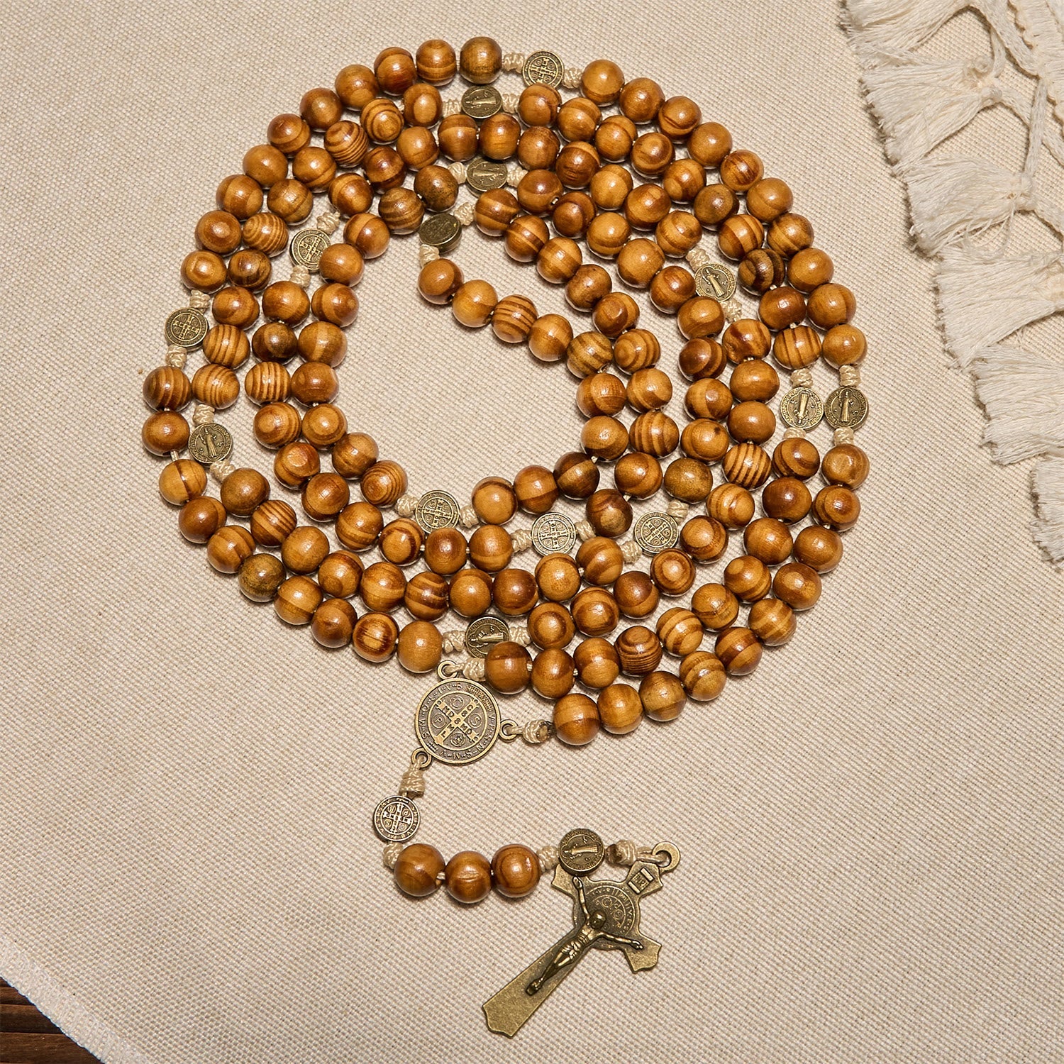 Christianartworkshop 15 Decade Olive Wood Rosary with St. Benedict, Crucifix & Waist Chain Design—Divine Devotion in Dual Use