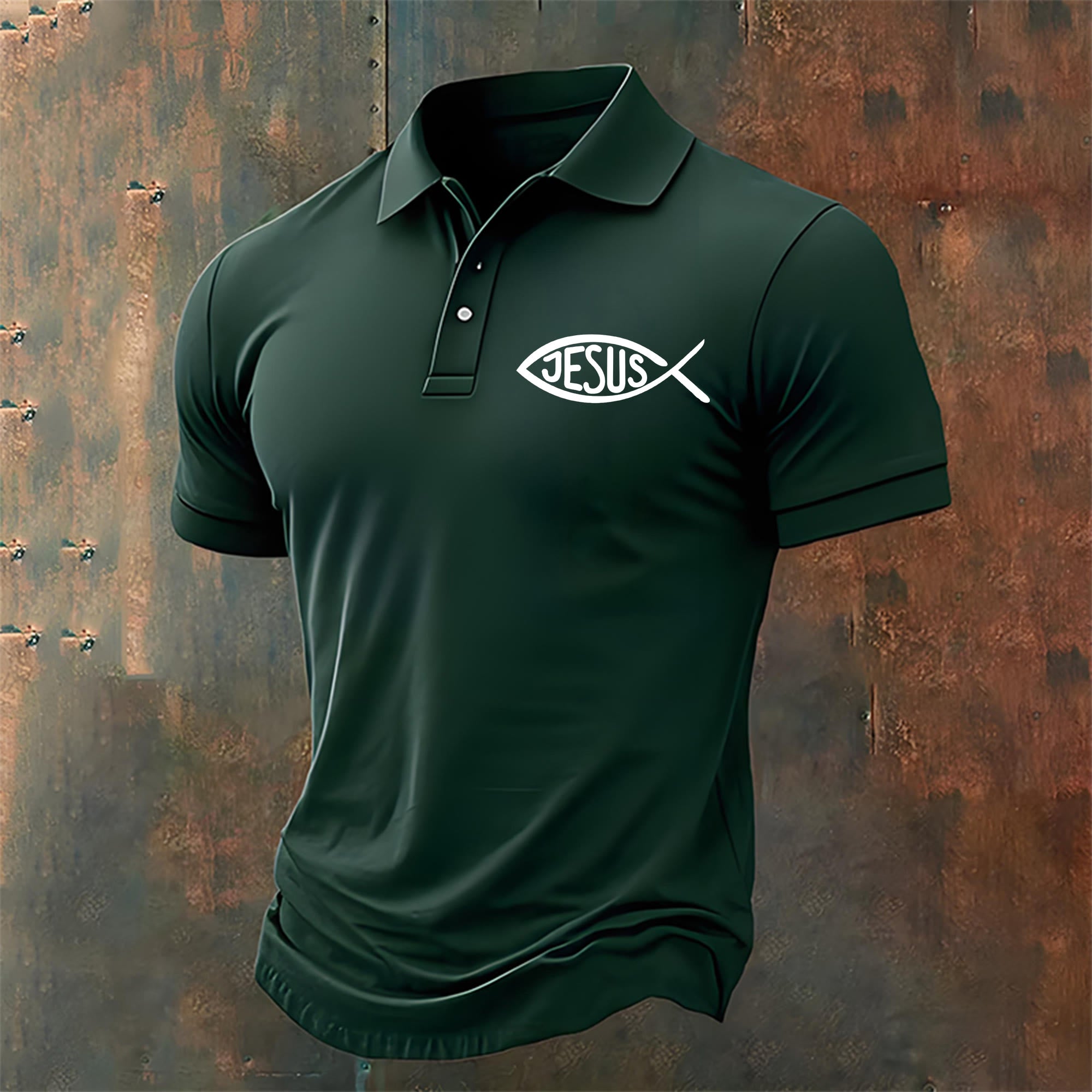 christiandiscipleshop Men's Jesus Fish Print Casual Polo Shirt