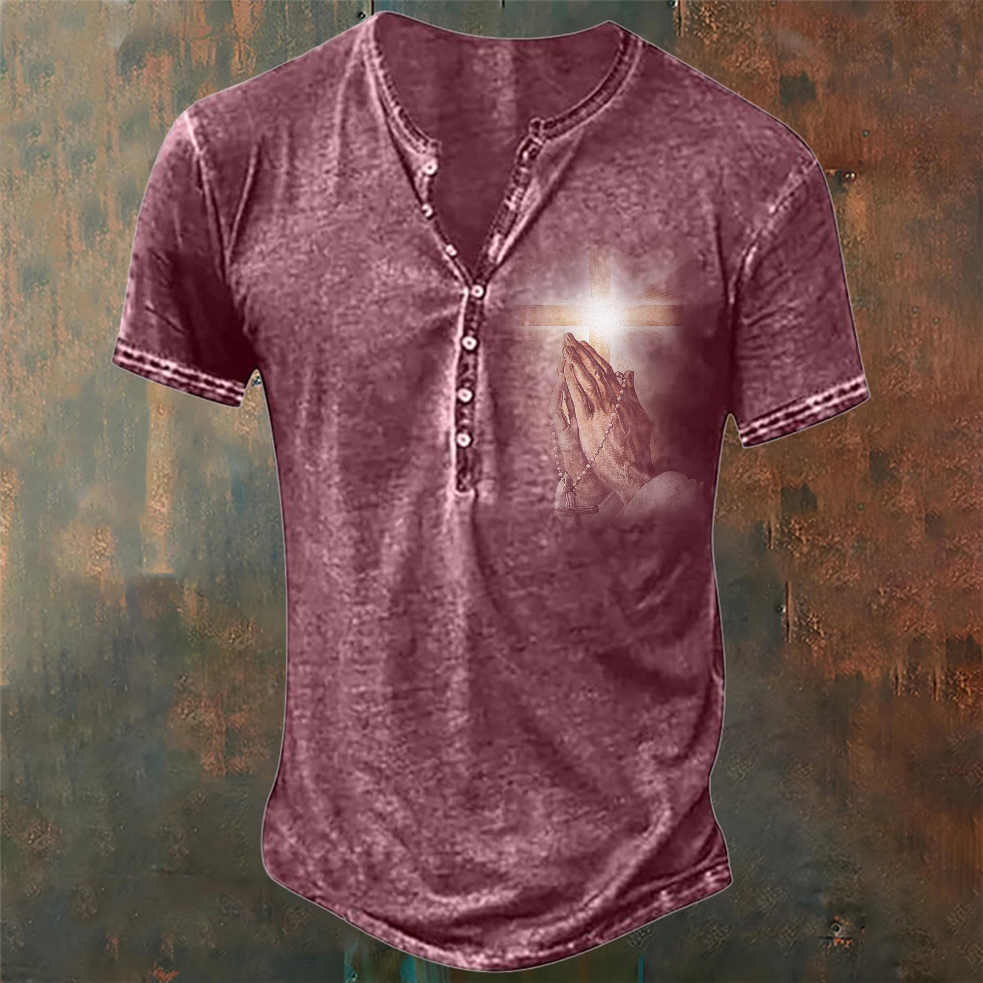 christiandiscipleshop Men's Hand of Jesus Pray Print Henley Neck T-Shirt