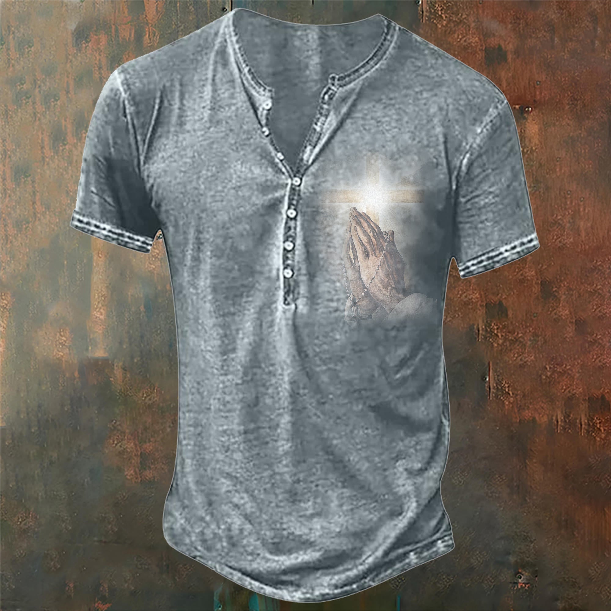 christiandiscipleshop Men's Hand of Jesus Pray Print Henley Neck T-Shirt
