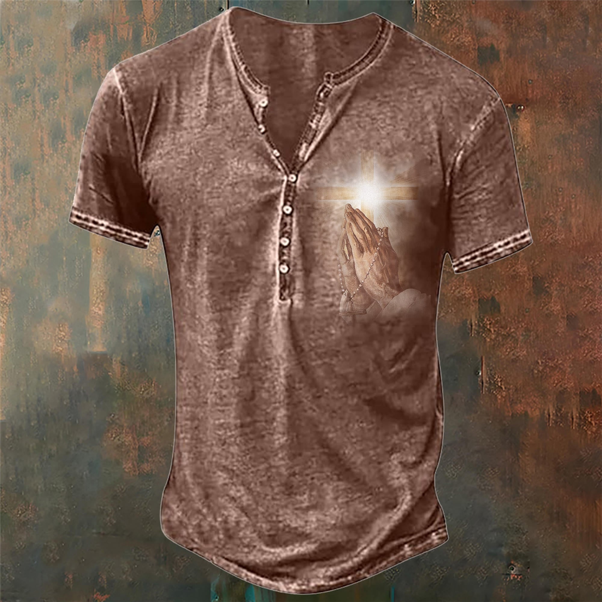 christiandiscipleshop Men's Hand of Jesus Pray Print Henley Neck T-Shirt