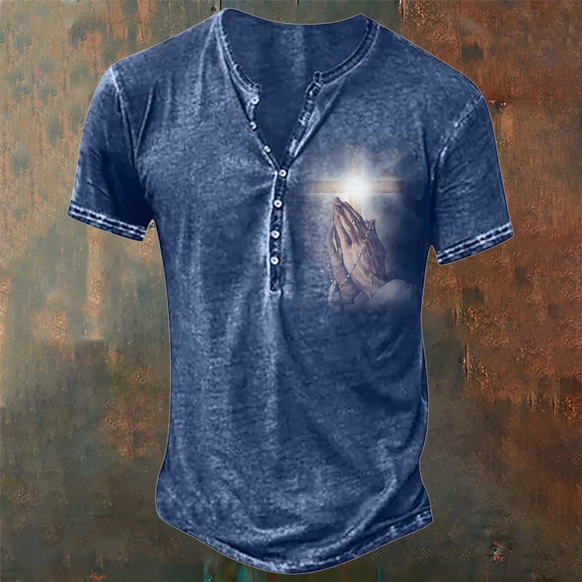 christiandiscipleshop Men's Hand of Jesus Pray Print Henley Neck T-Shirt