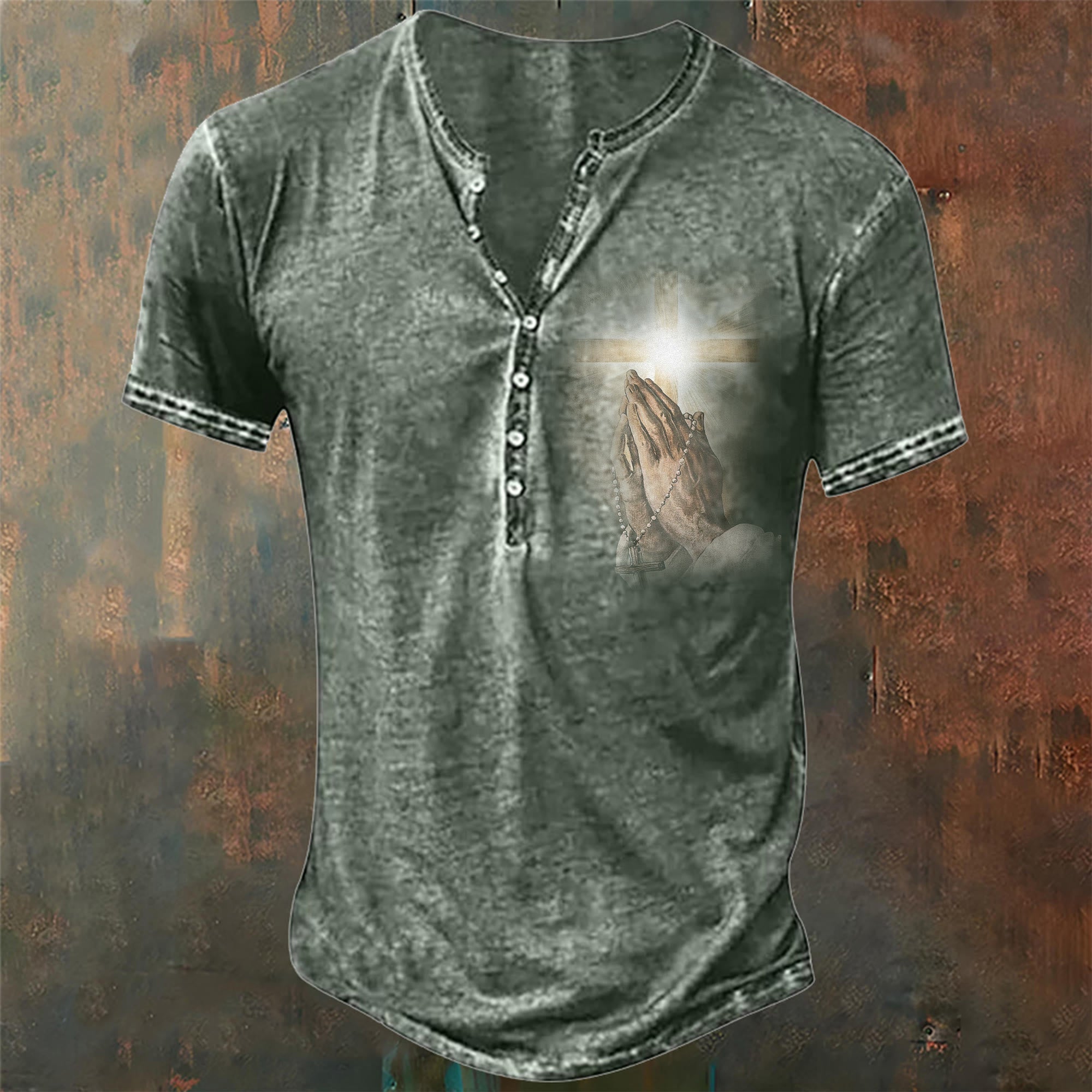 christiandiscipleshop Men's Hand of Jesus Pray Print Henley Neck T-Shirt