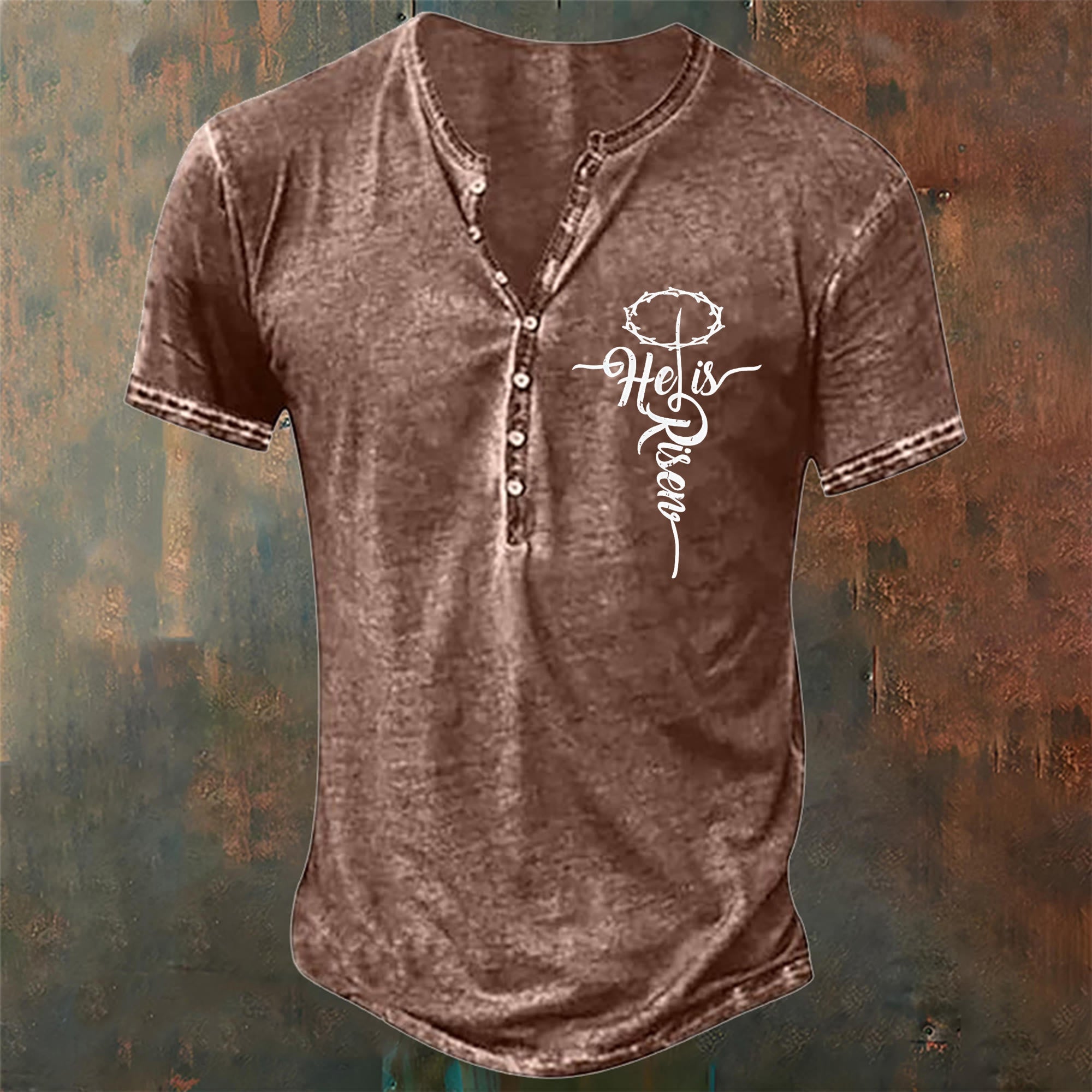 christiandiscipleshop Men's He is Risen Christian Print Henley Neck T-Shirt