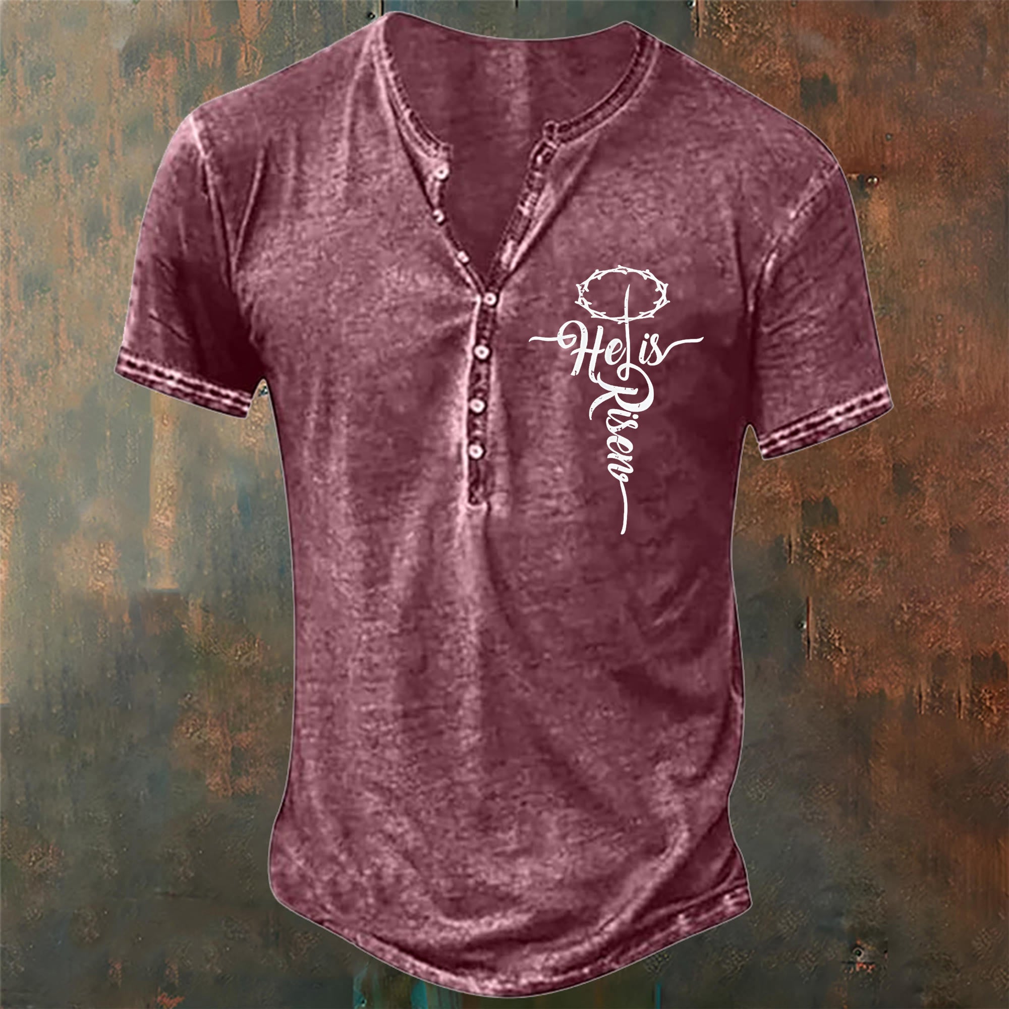 christiandiscipleshop Men's He is Risen Christian Print Henley Neck T-Shirt