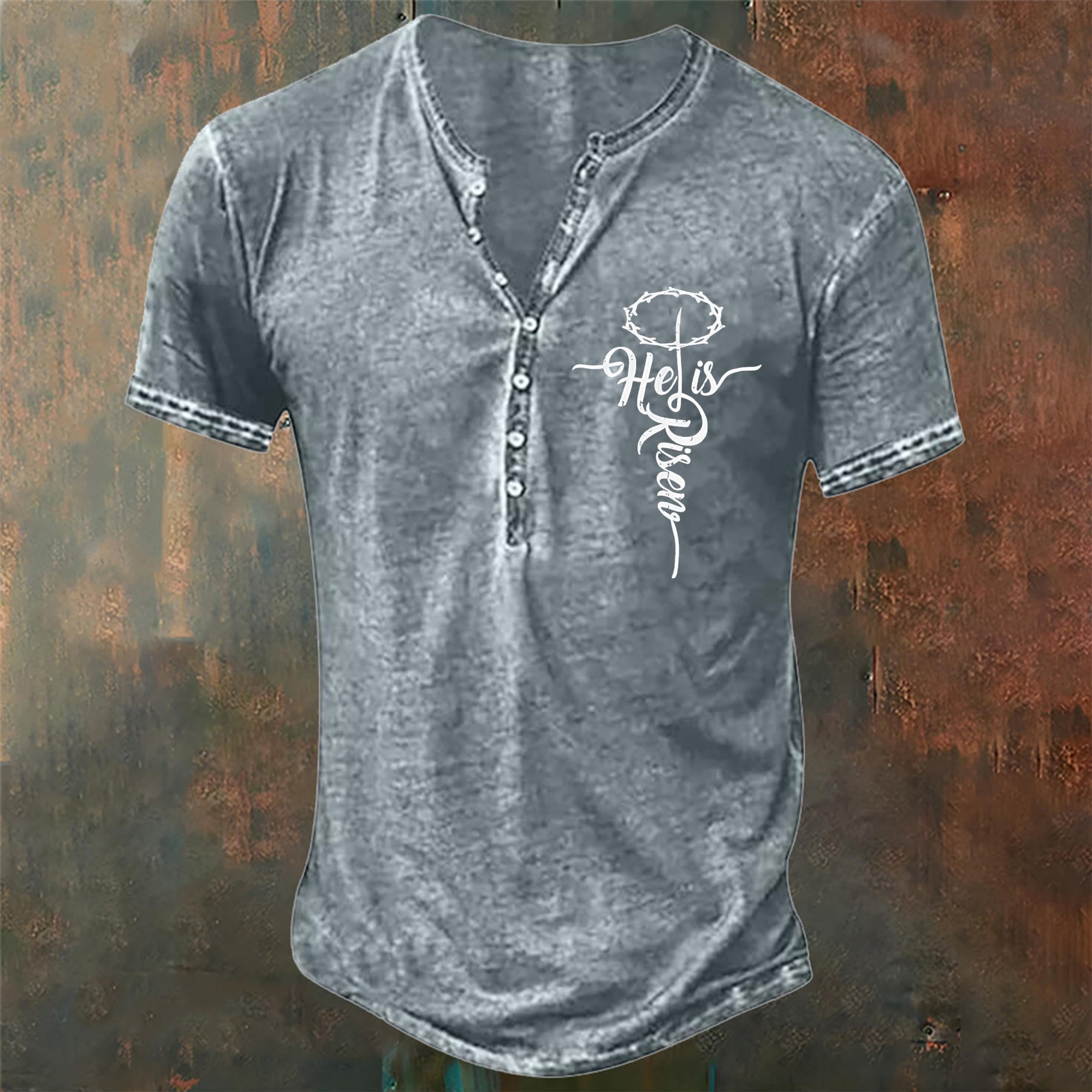 christiandiscipleshop Men's He is Risen Christian Print Henley Neck T-Shirt