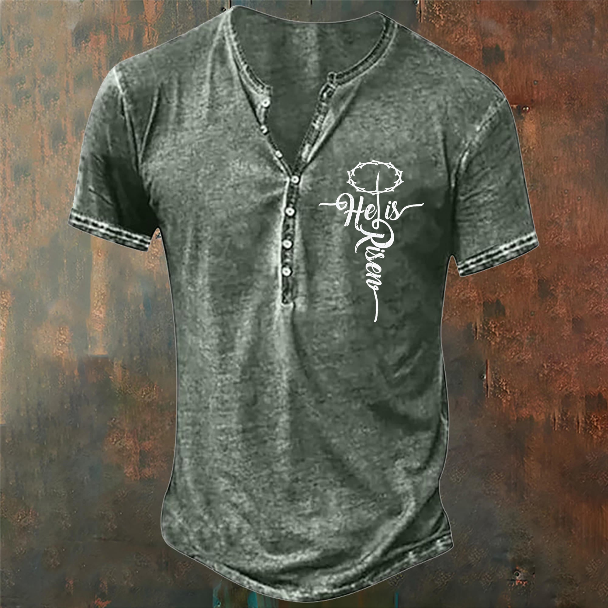 christiandiscipleshop Men's He is Risen Christian Print Henley Neck T-Shirt