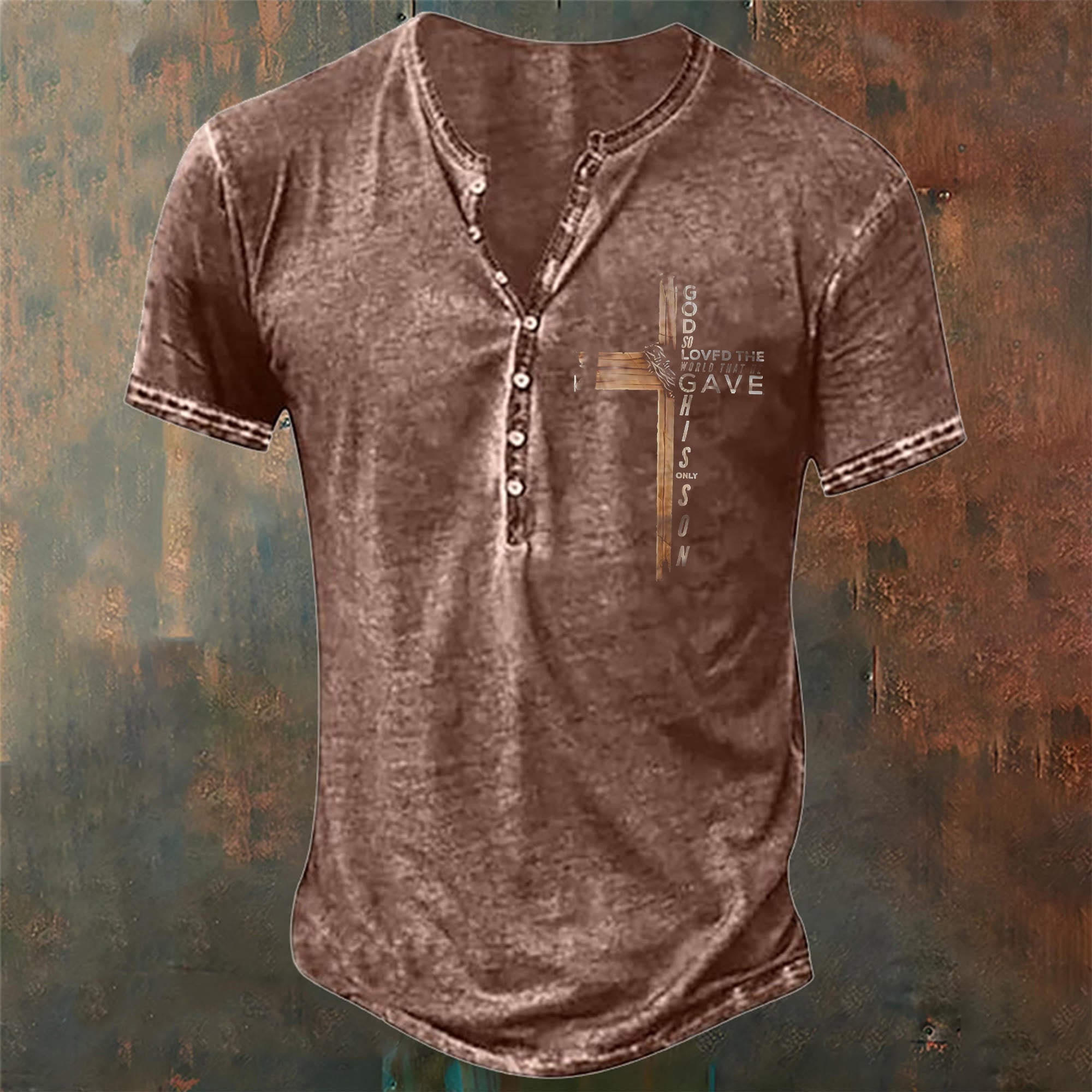 christiandiscipleshop Men's God So Loved the World Print Henley Neck T-Shirt