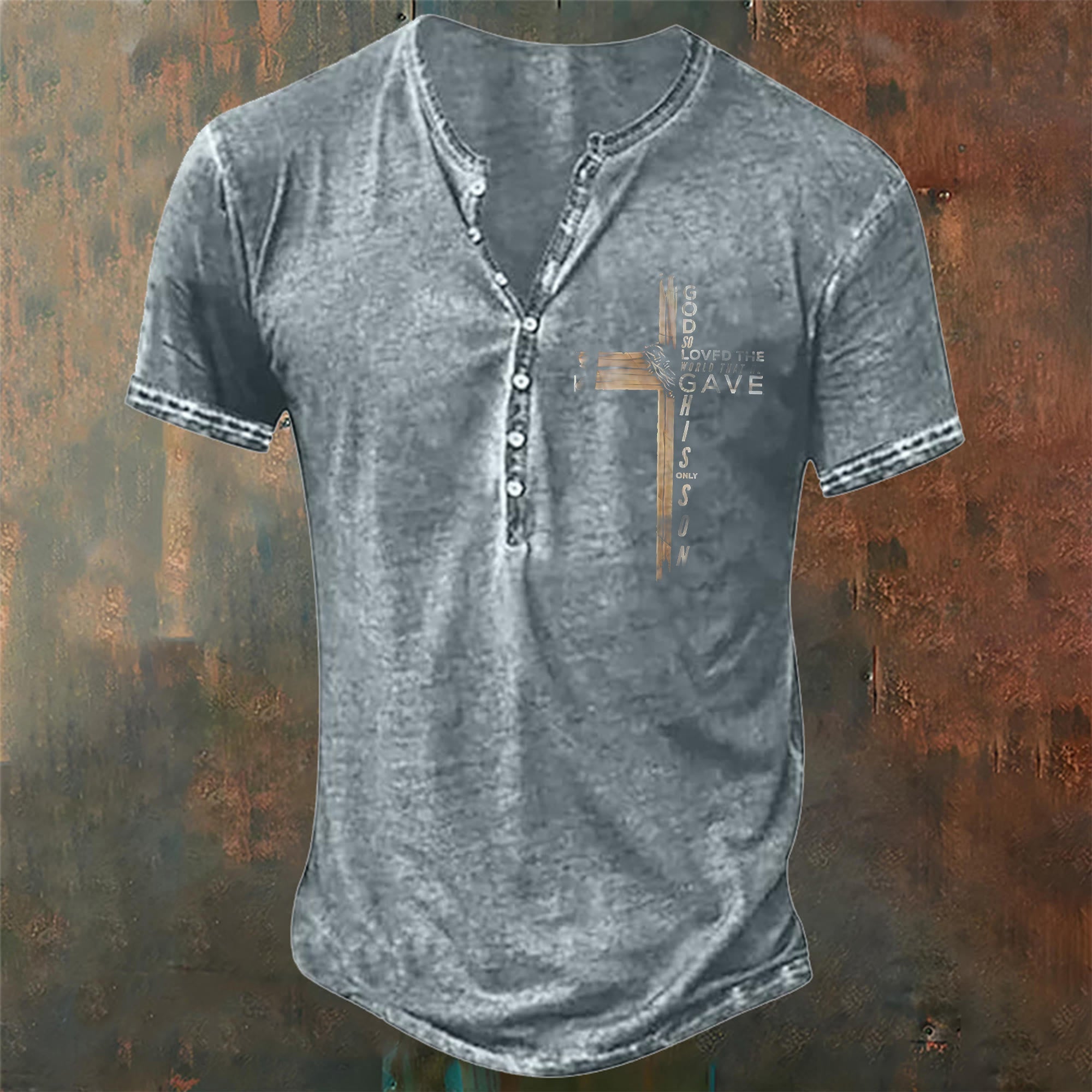 christiandiscipleshop Men's God So Loved the World Print Henley Neck T-Shirt