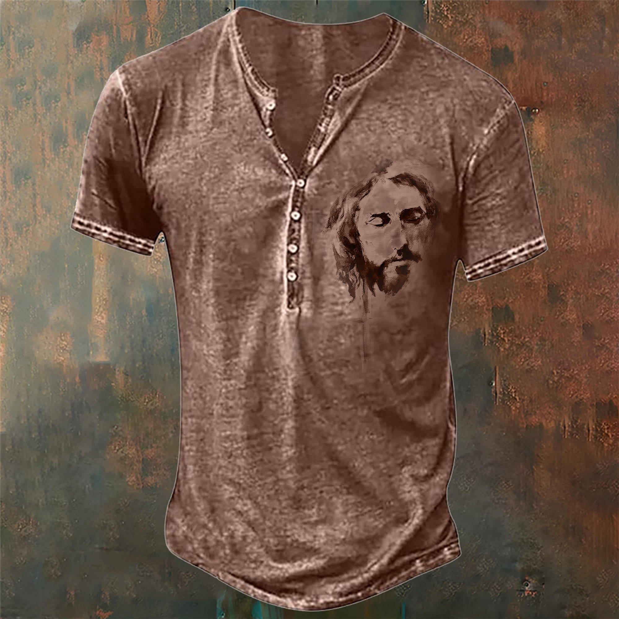 christiandiscipleshop Herren-T-Shirt mit Henley-Ausschnitt und Jesus-Motiv