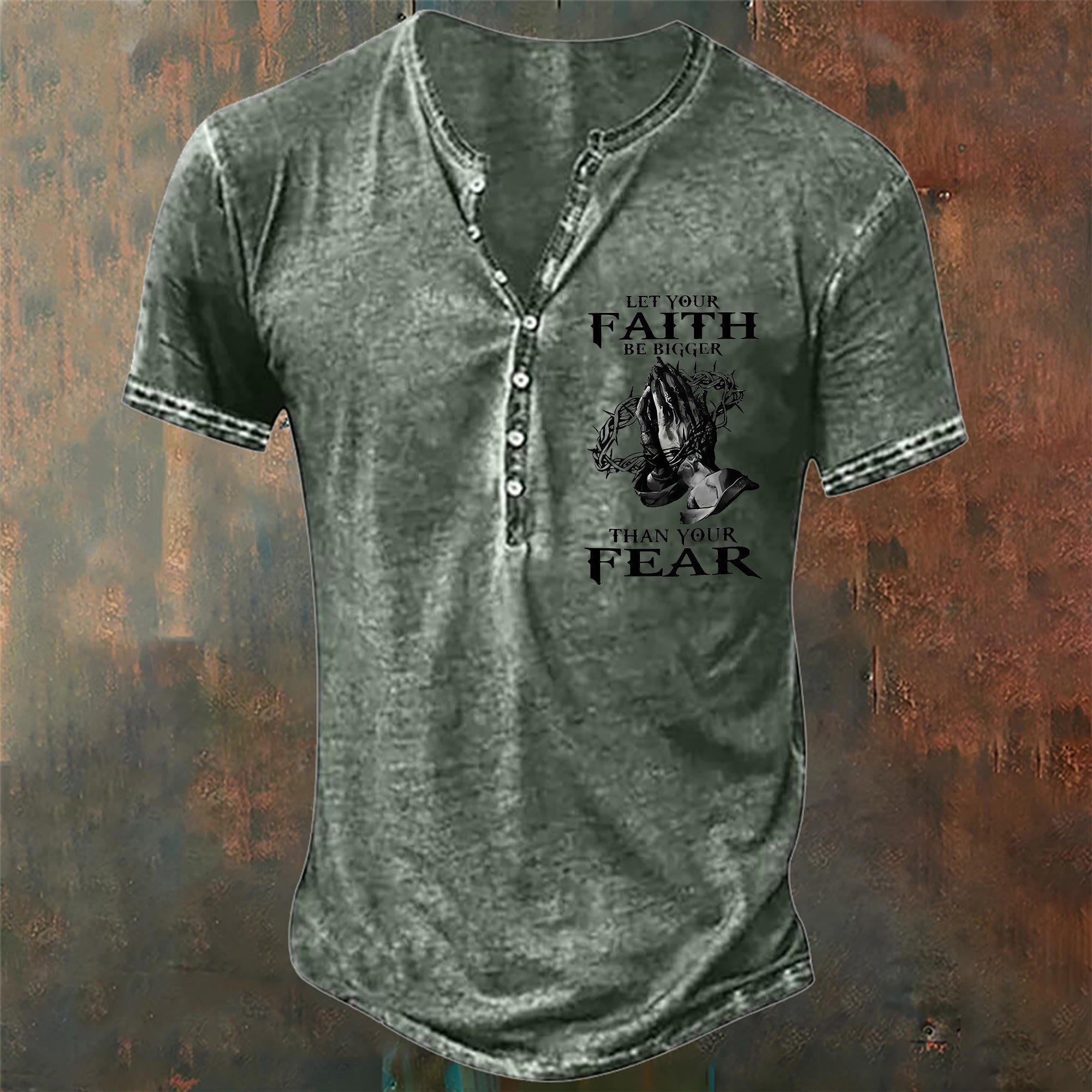 christiandiscipleshop Men's Let Your Faith Be Bigger Than Your Fear Henley Neck T-Shirt