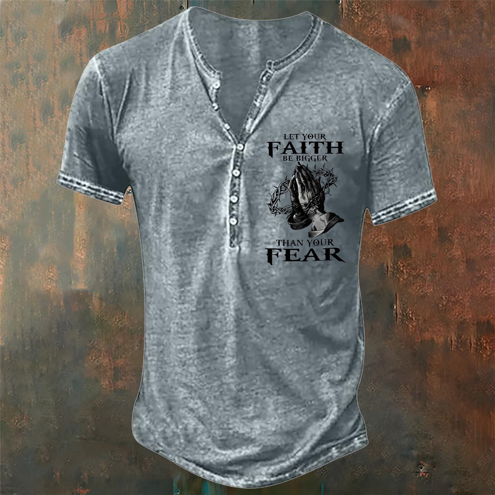 christiandiscipleshop Men's Let Your Faith Be Bigger Than Your Fear Henley Neck T-Shirt