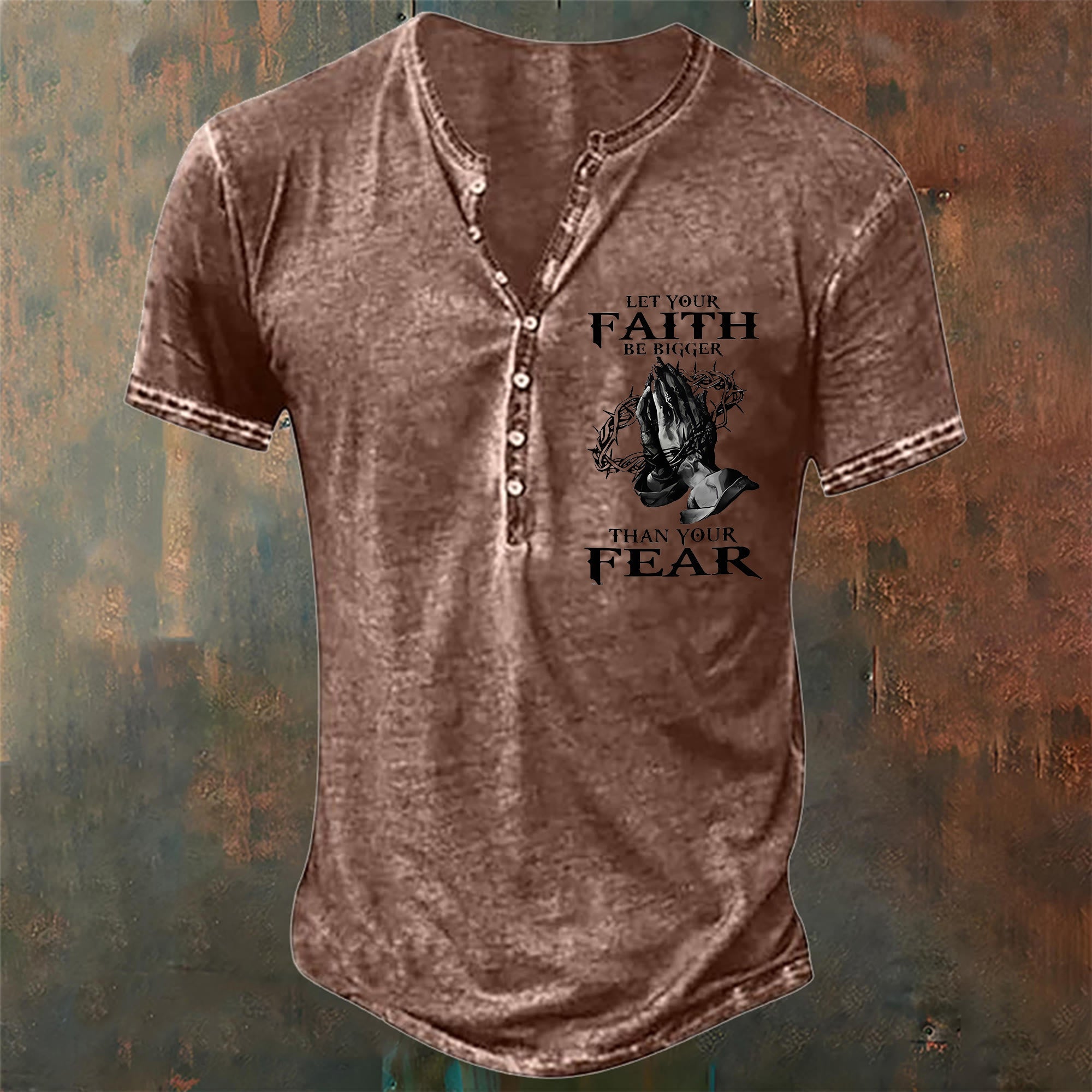 christiandiscipleshop Men's Let Your Faith Be Bigger Than Your Fear Henley Neck T-Shirt