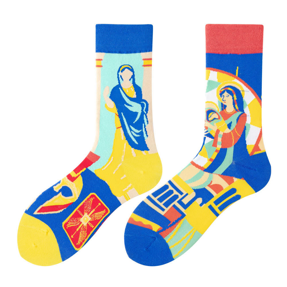 Christiandiscipleshop Colorful Religious Art Virgin Mary Socks: Retro Design, Exclusive Faith Flair