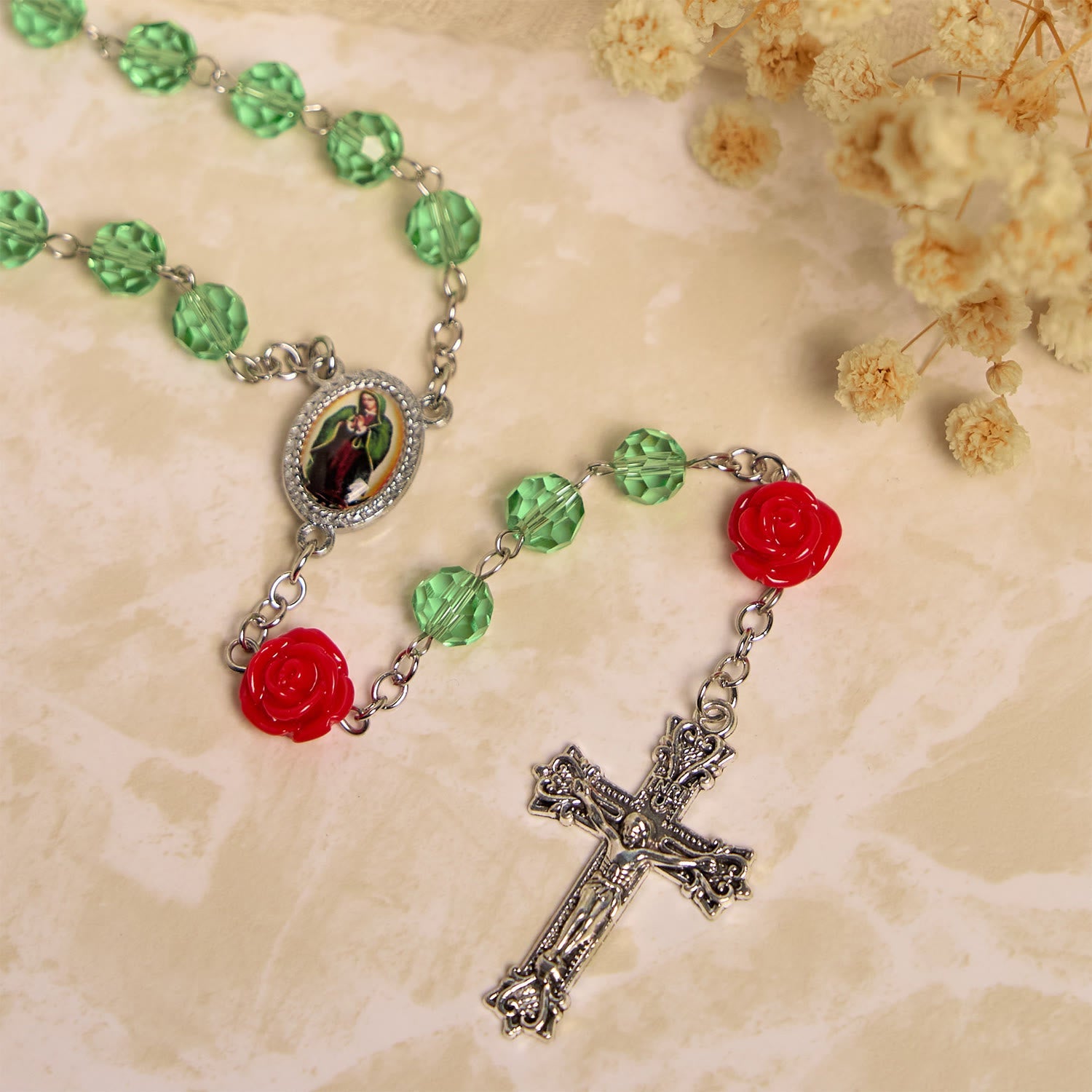 christiandiscipleshop Handmade Floral Crystal Beads & Crucifix with Virgin Mary Medal Rosary: Blossom of Grace Elegance