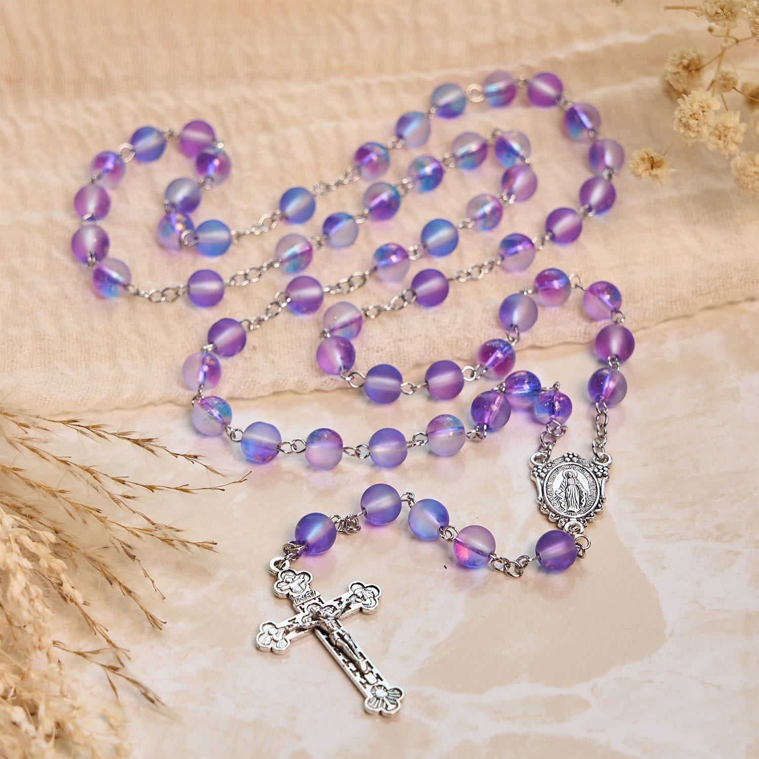 Christiandiscipleshop Frosted Blue and Purple Glass Beads Rosary Adorned with Miraculous Medal: Devotion in Textured Form