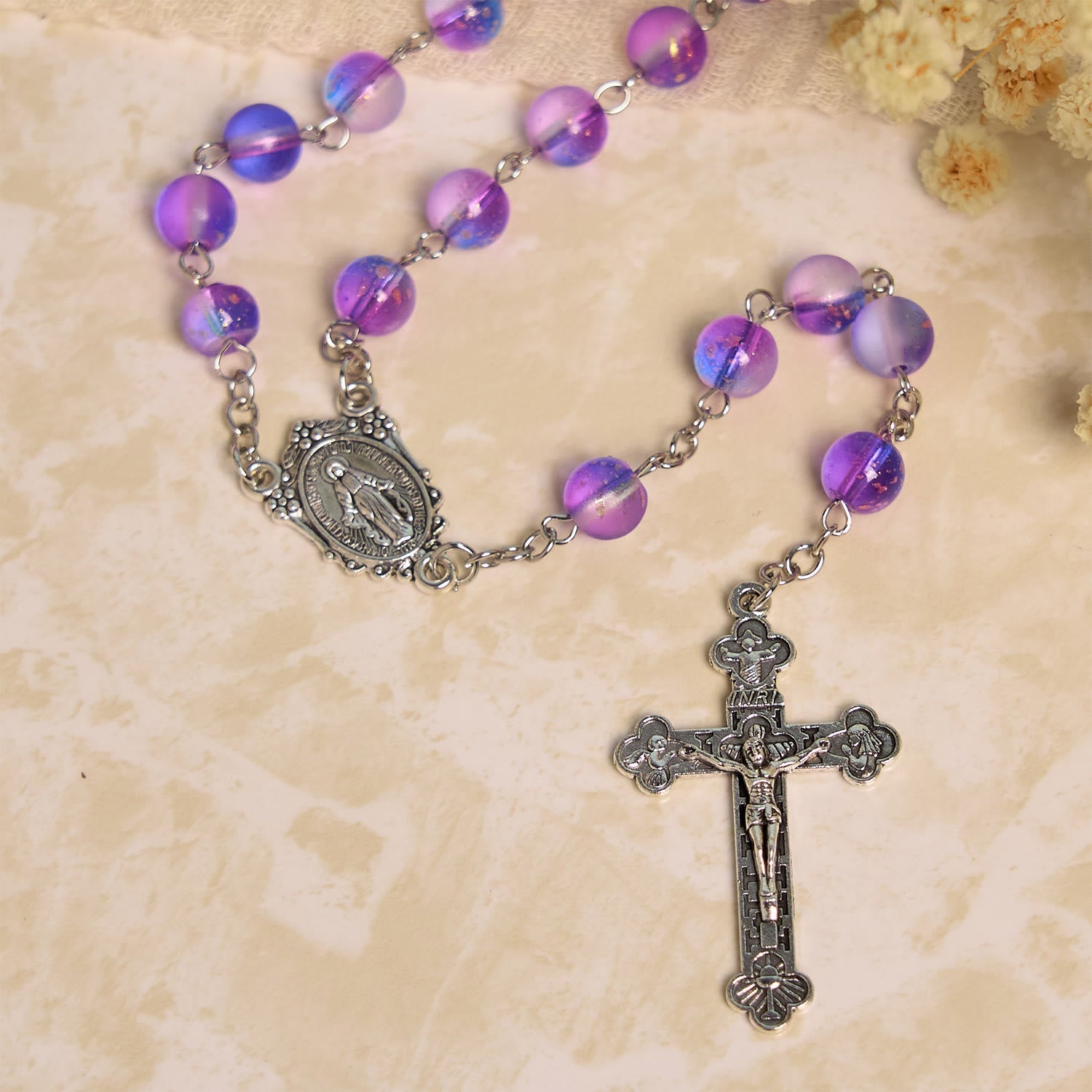 Christiandiscipleshop Frosted Blue and Purple Glass Beads Rosary Adorned with Miraculous Medal: Devotion in Textured Form