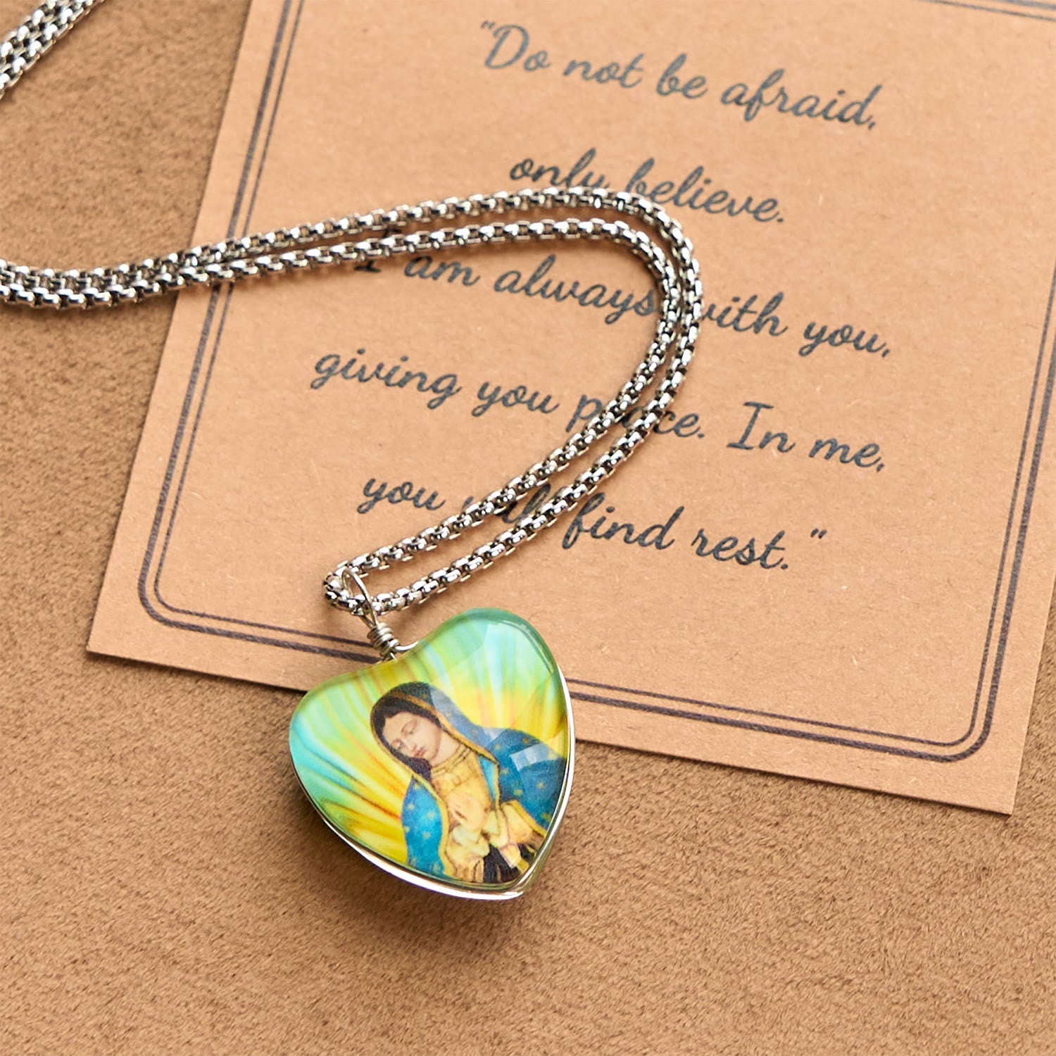 Christiandiscipleshop Glow-in-the-Dark Heart Shaped Resin Medal with Virgin Mary's Silent Blessing Necklace