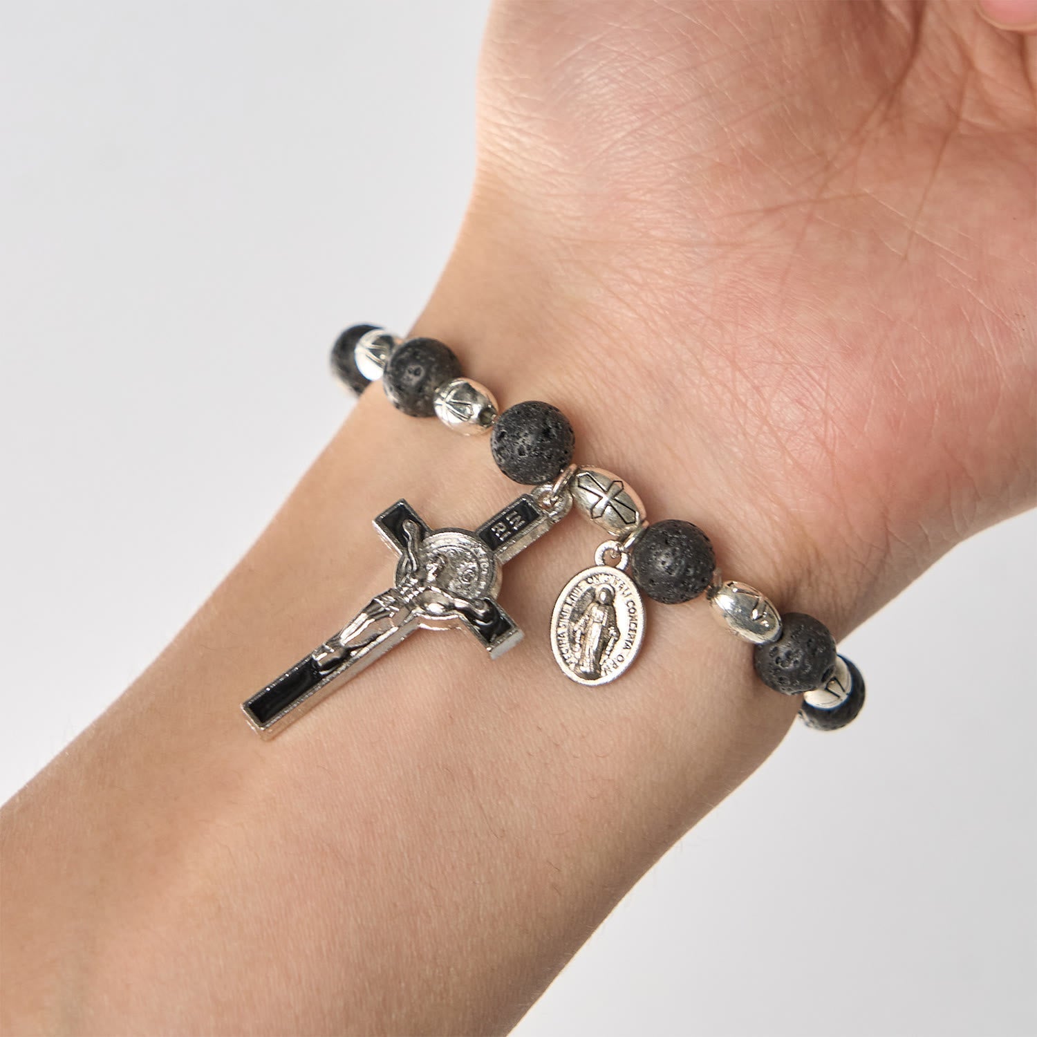 FREE Today: Natural Matte Black Agate Bracelet with St. Benedict Medal and Virgin Mary Pendant