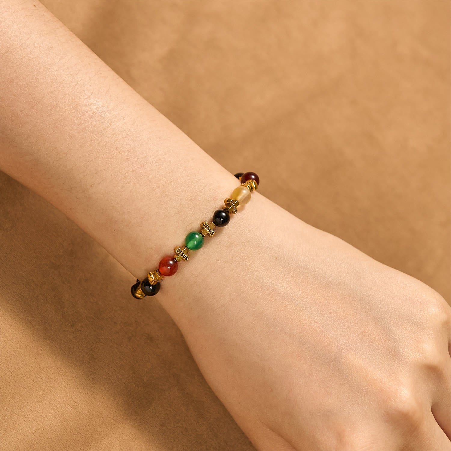FREE Today: Natural Multicolored Agate Bracelet with Two Tone Jesus Cross: Bold Faith Statement