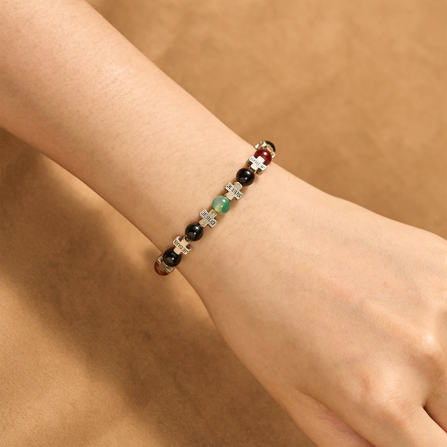 FREE Today: Natural Multicolored Agate Bracelet with Two Tone Jesus Cross: Bold Faith Statement
