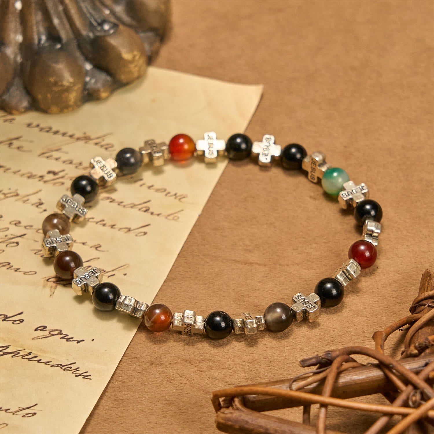 FREE Today: Natural Multicolored Agate Bracelet with Two Tone Jesus Cross: Bold Faith Statement
