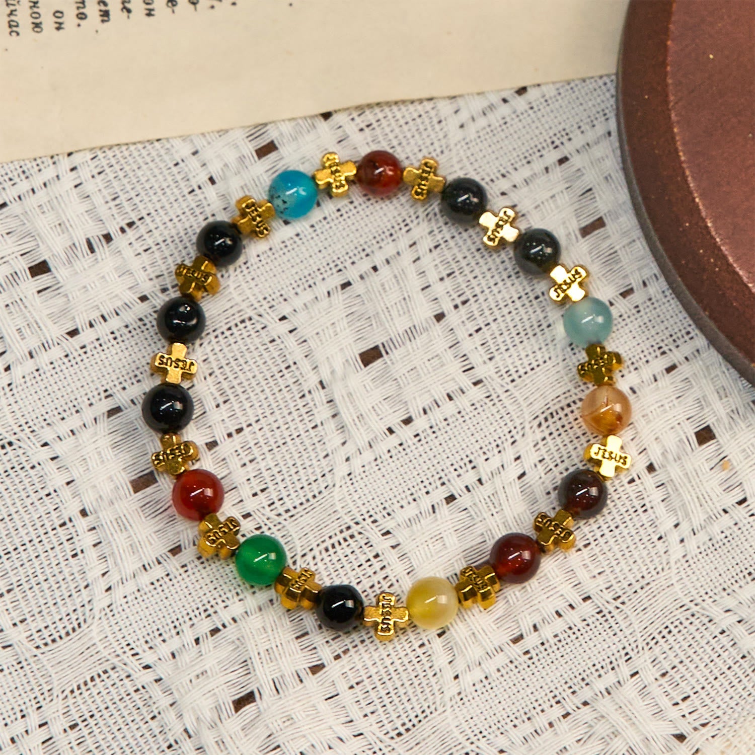 FREE Today: Natural Multicolored Agate Bracelet with Two Tone Jesus Cross: Bold Faith Statement