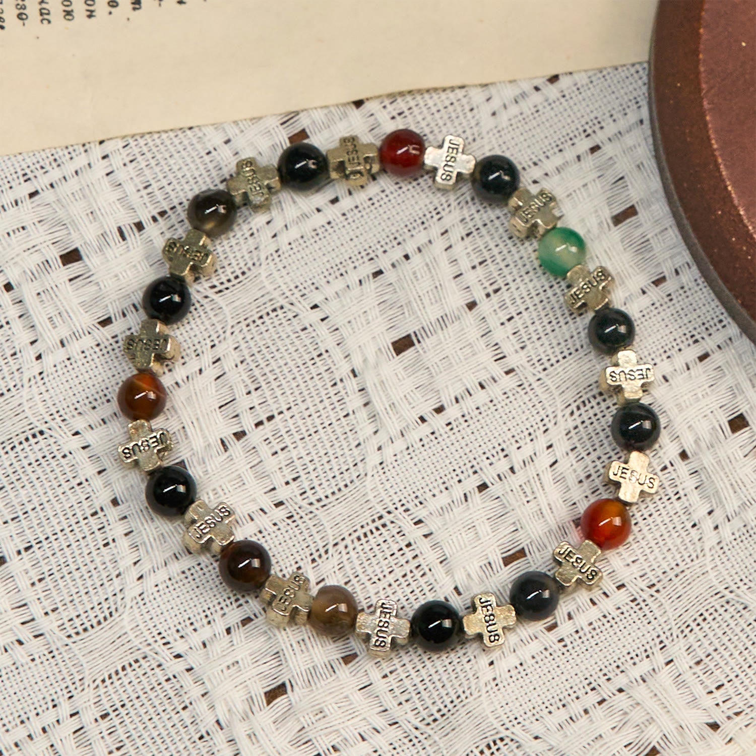 FREE Today: Natural Multicolored Agate Bracelet with Two Tone Jesus Cross: Bold Faith Statement